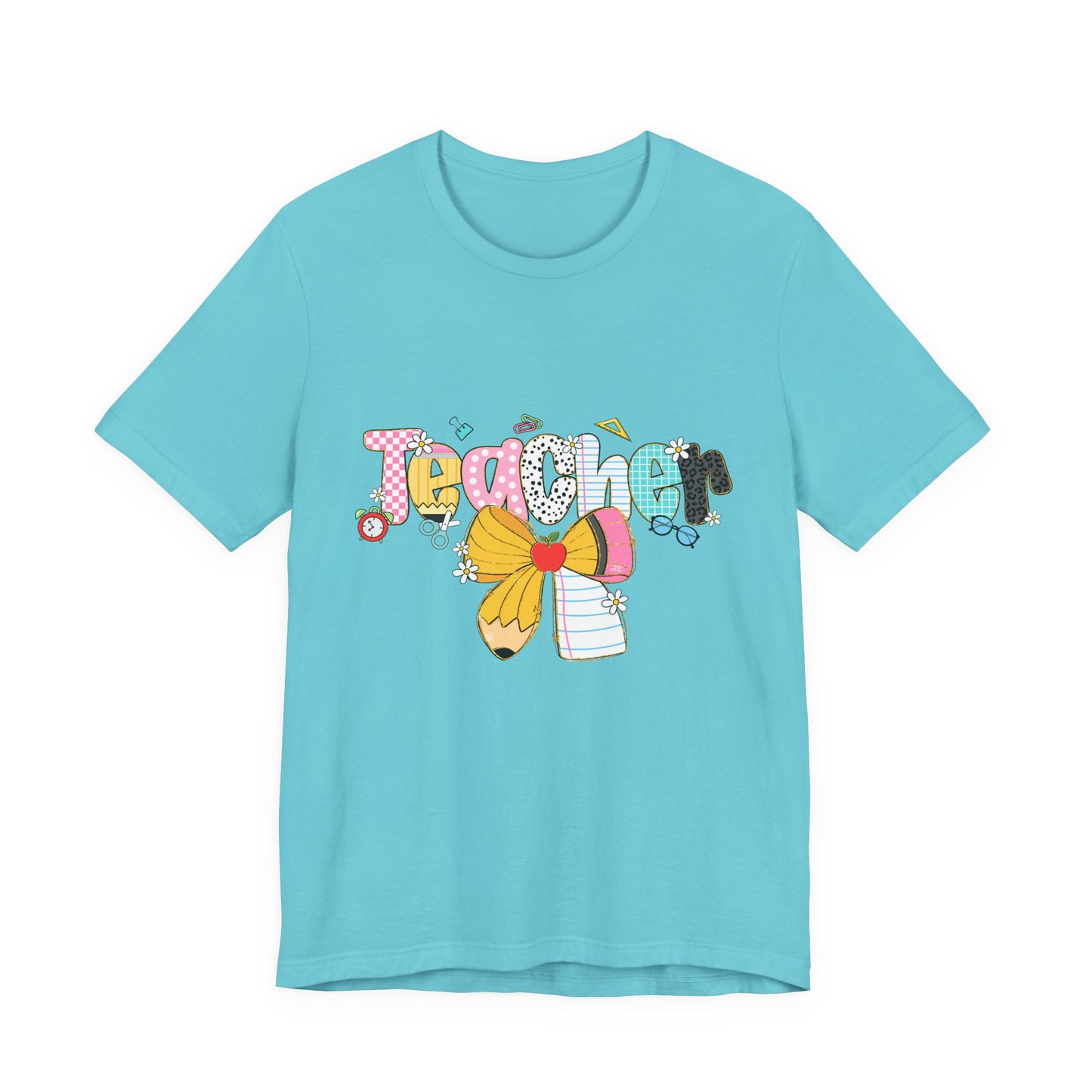 Teacher Bow Short Sleeve Tee, Gift for Educators, Cute Teacher Shirt, Classroom Outfit, Back to School Apparel, Birthday Gift