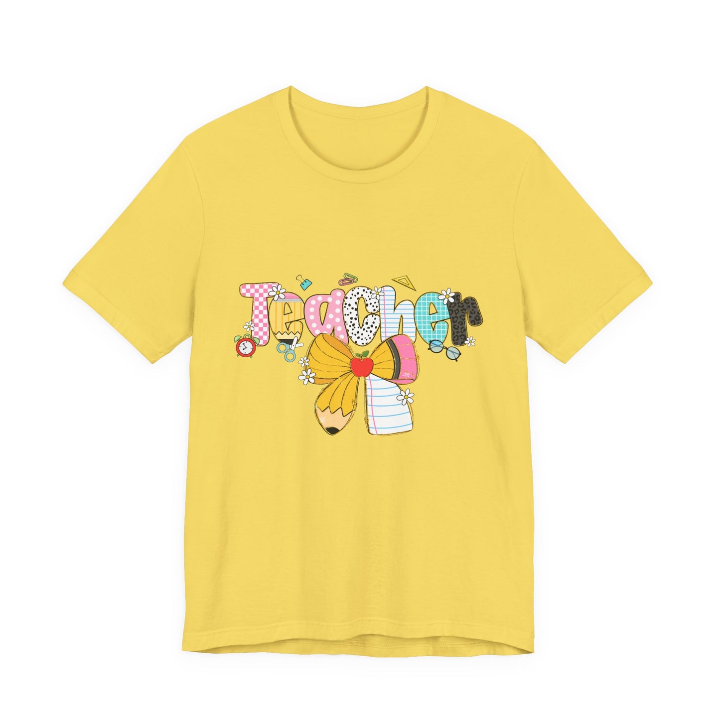 Teacher Bow Short Sleeve Tee, Gift for Educators, Cute Teacher Shirt, Classroom Outfit, Back to School Apparel, Birthday Gift