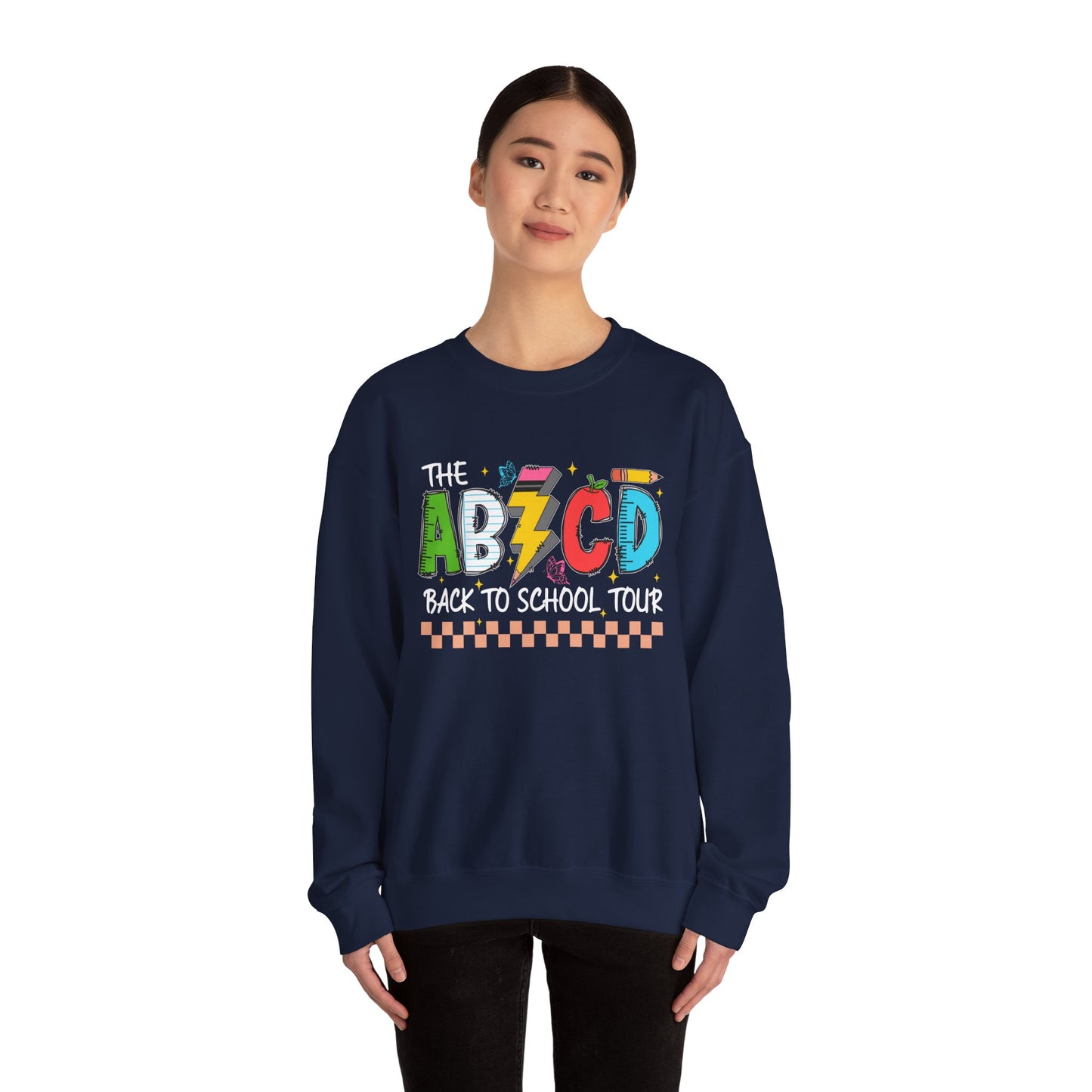 ABCD Back to School Tour Crewneck Sweatshirt, Unisex Sweatshirt, School Tour Apparel, Fun Gift for Students, Cozy Relaxing Wear