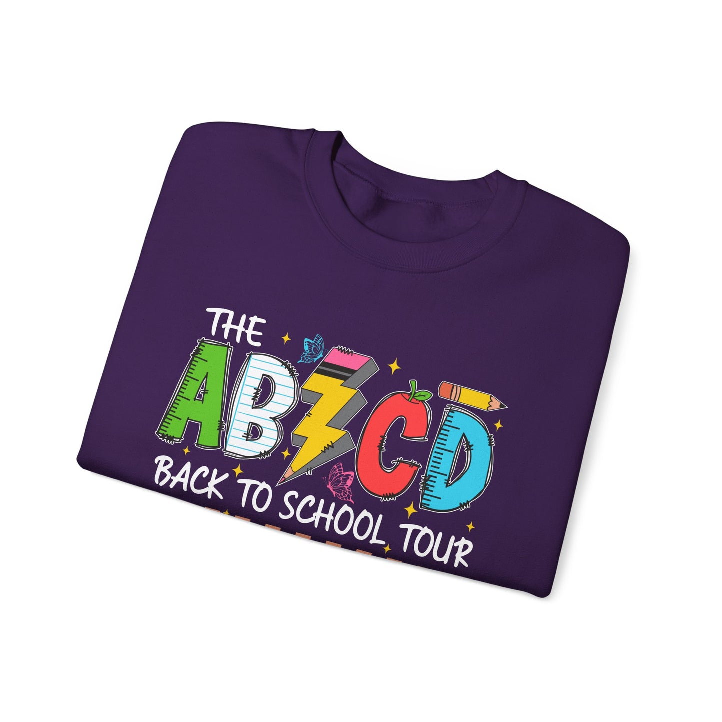 ABCD Back to School Tour Crewneck Sweatshirt, Unisex Sweatshirt, School Tour Apparel, Fun Gift for Students, Cozy Relaxing Wear