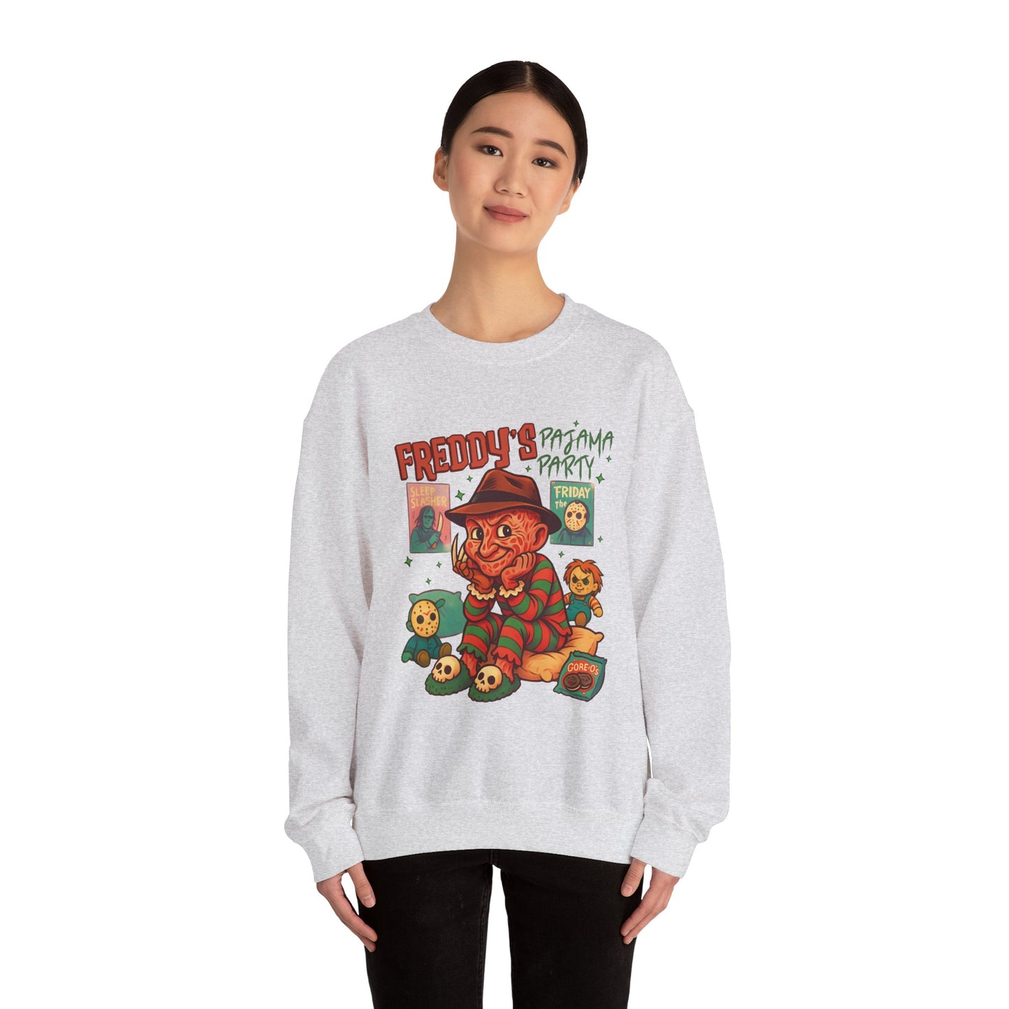 Freddy's Pajama Party Crewneck Sweatshirt | Halloween Sweater, Retro Horror Gift, Cozy Apparel, Unisex Design, Movie Memorabilia