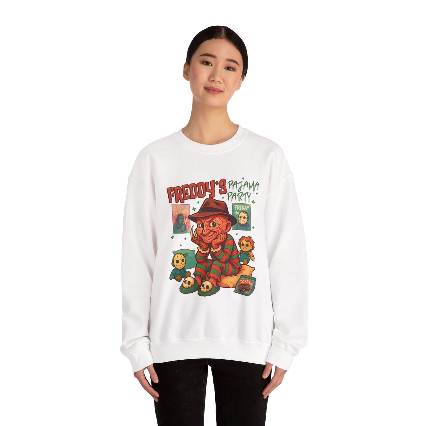 Freddy's Pajama Party Crewneck Sweatshirt | Halloween Sweater, Retro Horror Gift, Cozy Apparel, Unisex Design, Movie Memorabilia