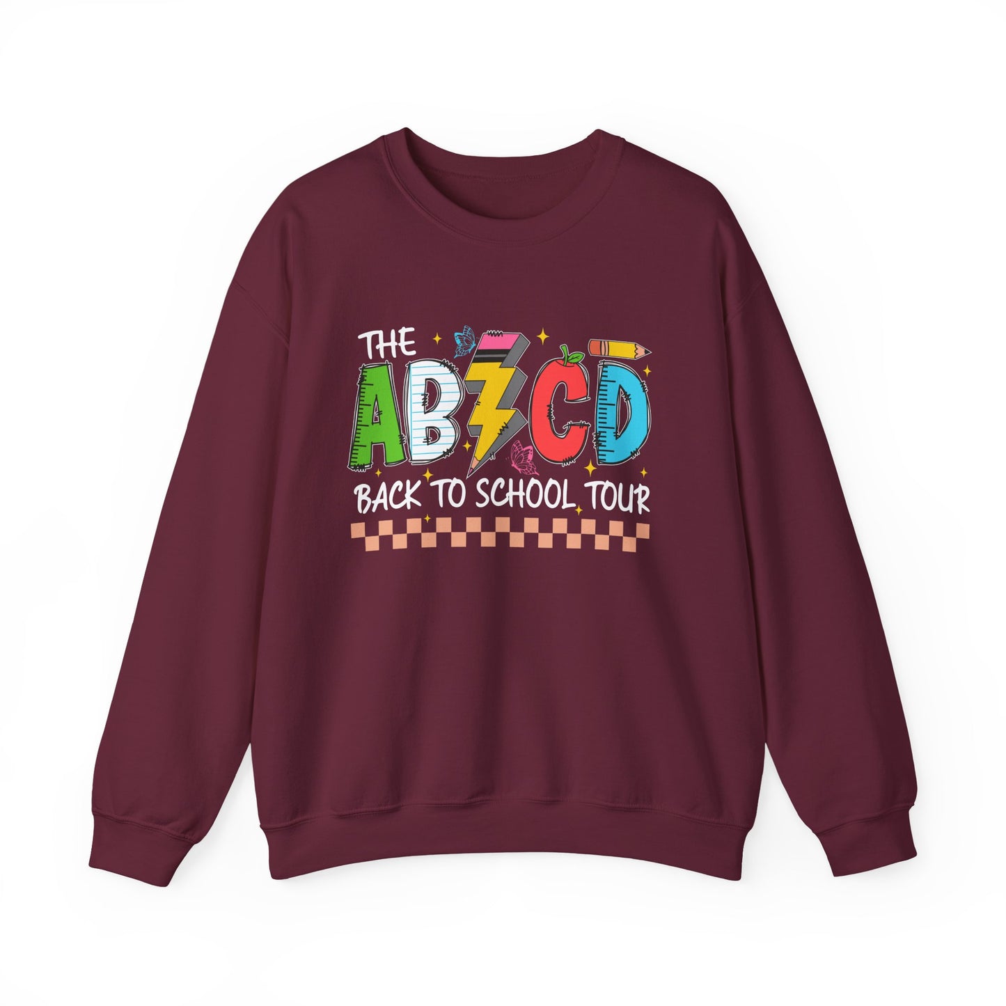 ABCD Back to School Tour Crewneck Sweatshirt, Unisex Sweatshirt, School Tour Apparel, Fun Gift for Students, Cozy Relaxing Wear