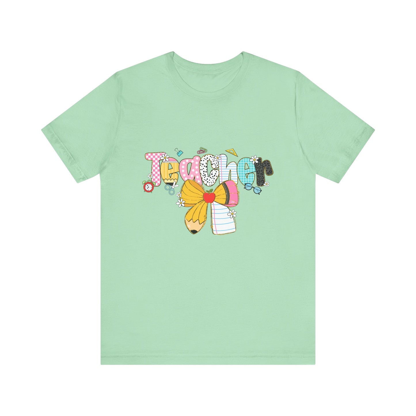 Teacher Bow Short Sleeve Tee, Gift for Educators, Cute Teacher Shirt, Classroom Outfit, Back to School Apparel, Birthday Gift