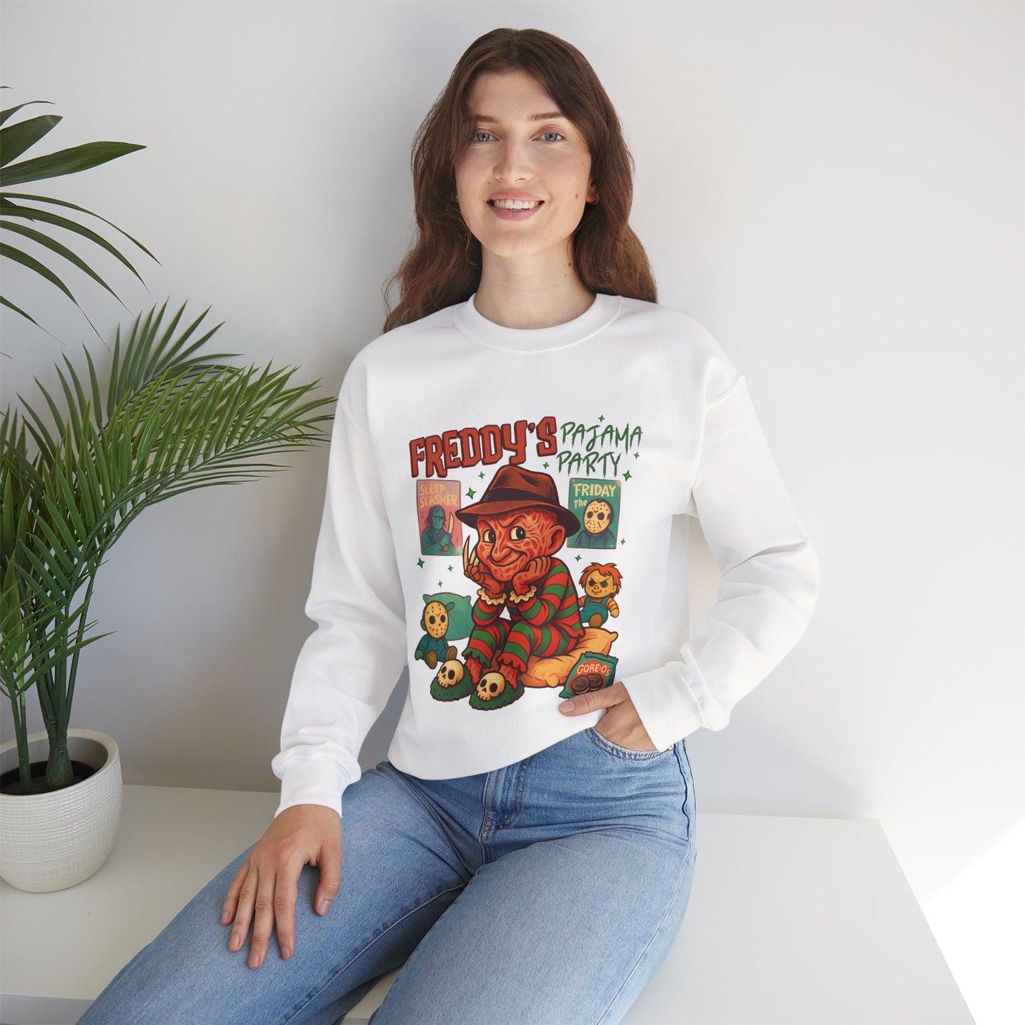Freddy's Pajama Party Crewneck Sweatshirt | Halloween Sweater, Retro Horror Gift, Cozy Apparel, Unisex Design, Movie Memorabilia