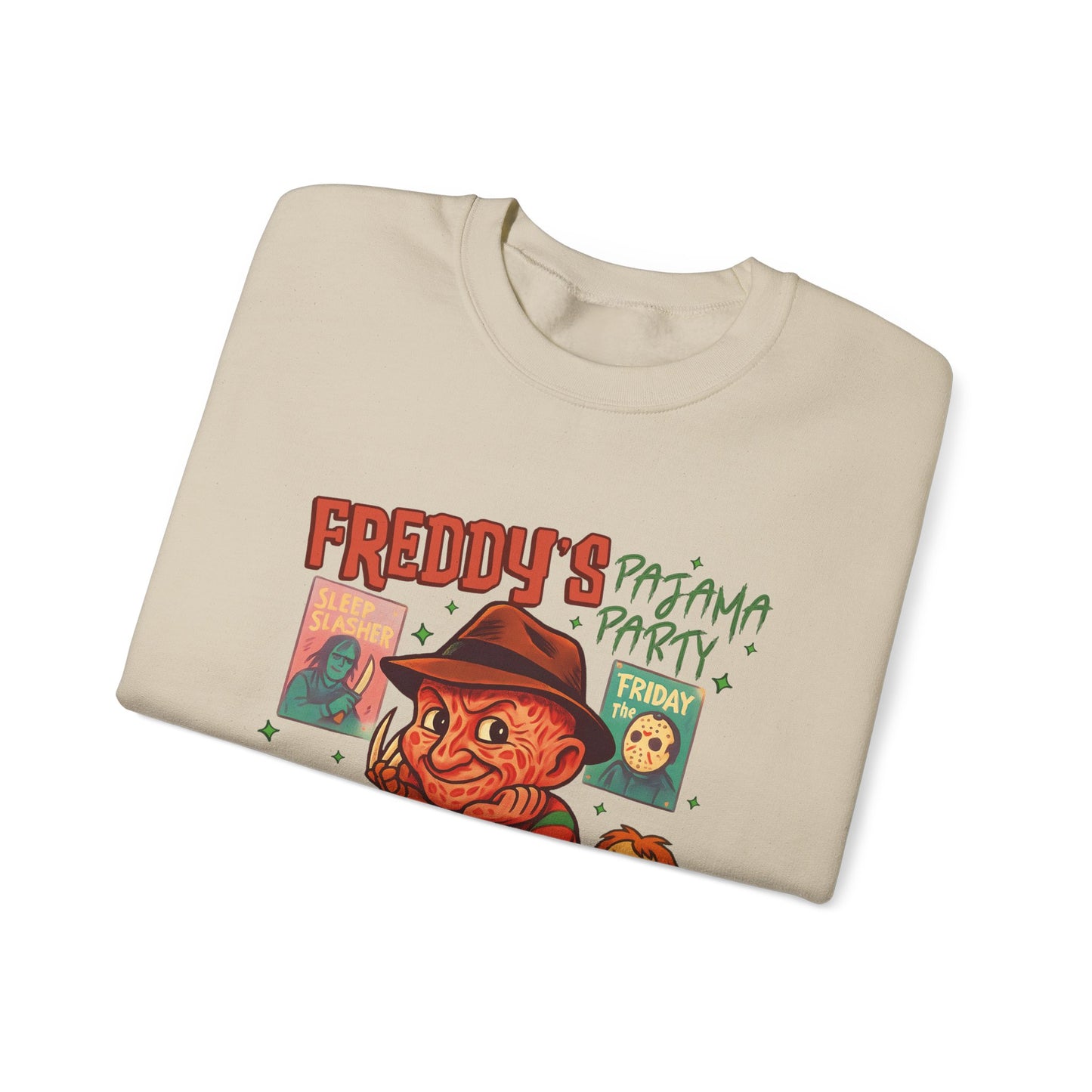 Freddy's Pajama Party Crewneck Sweatshirt | Halloween Sweater, Retro Horror Gift, Cozy Apparel, Unisex Design, Movie Memorabilia
