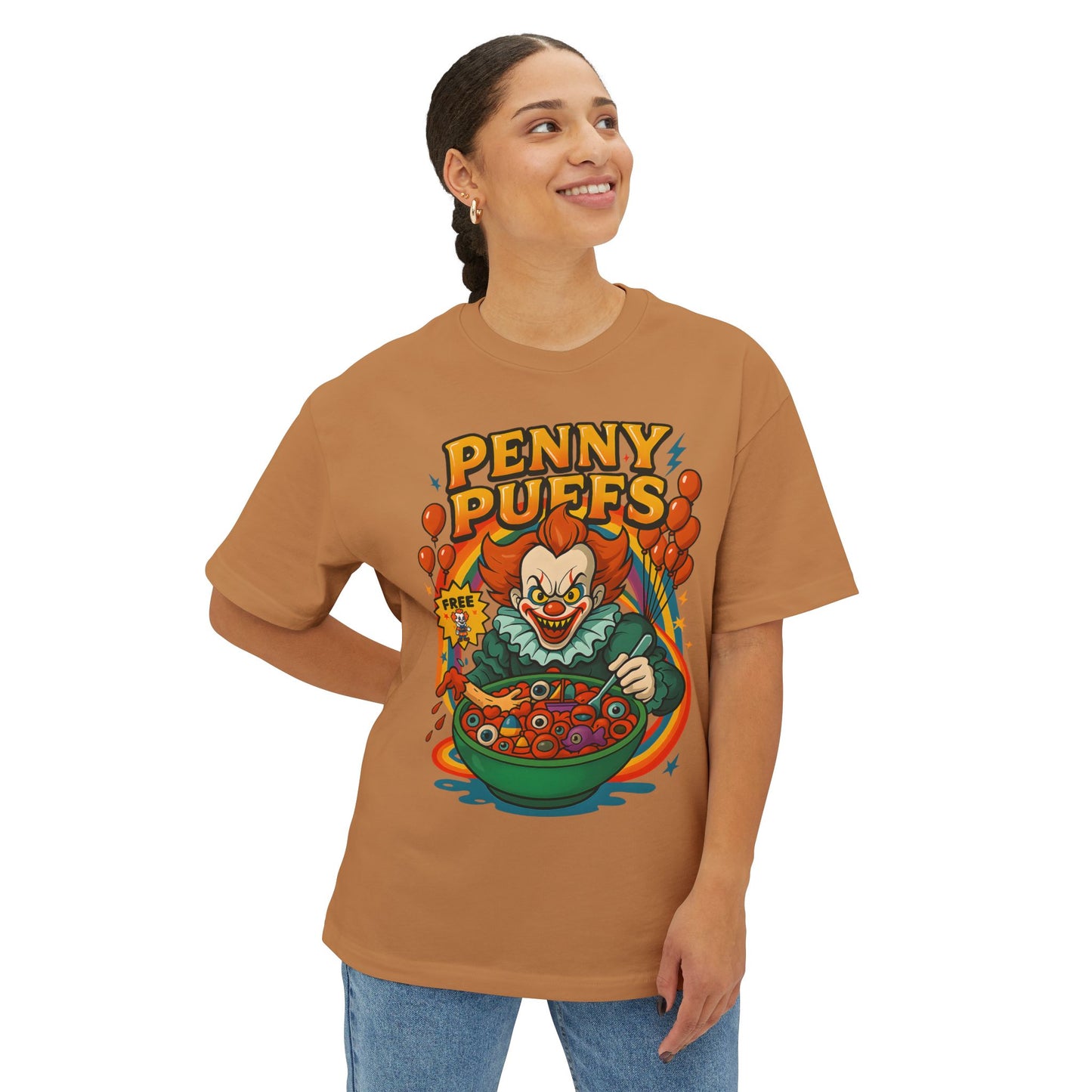 Penny Puffs Unisex Oversized Boxy Tee, Funny Graphic Tee, Halloween Costume, Casual Wear, Horror-Themed Apparel, Unique Gift Idea
