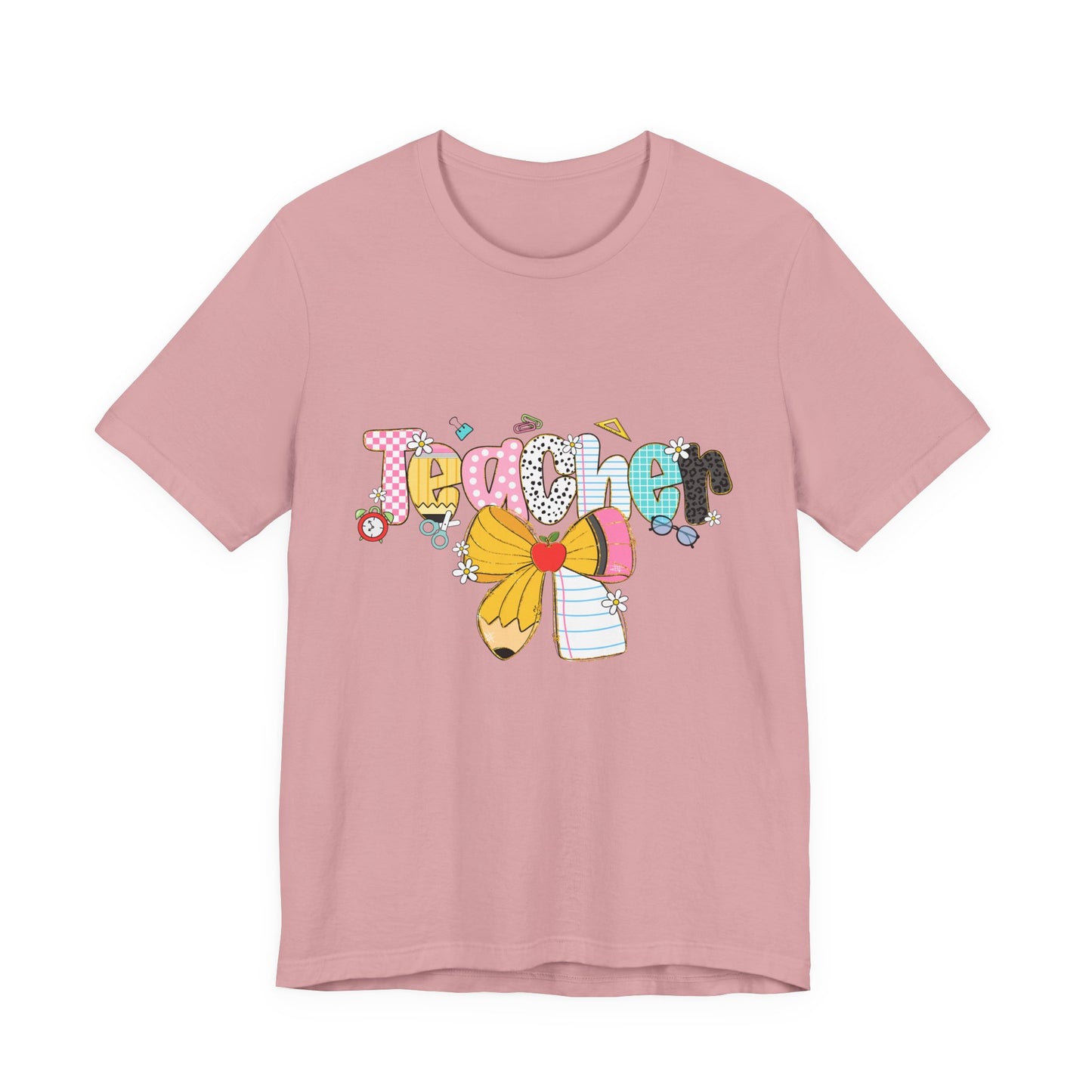Teacher Bow Short Sleeve Tee, Gift for Educators, Cute Teacher Shirt, Classroom Outfit, Back to School Apparel, Birthday Gift