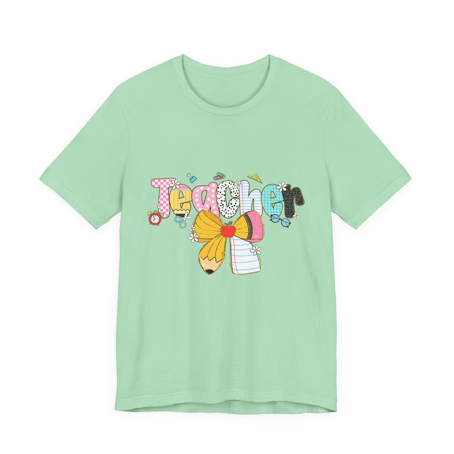 Teacher Bow Short Sleeve Tee, Gift for Educators, Cute Teacher Shirt, Classroom Outfit, Back to School Apparel, Birthday Gift