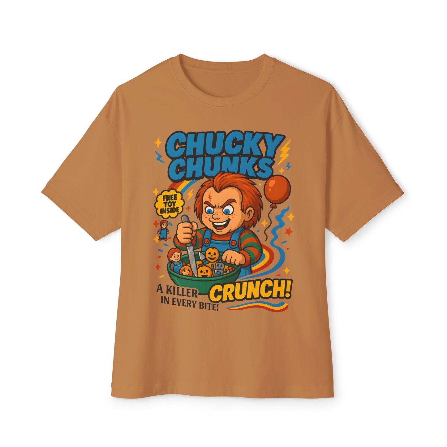 Retro Horror Chucky Chunks Tee | Fun Unisex Oversized Boxy Shirt | Perfect for Halloween, Movie Nights, Casual Wear, Gift Ideas, Graphic Tee