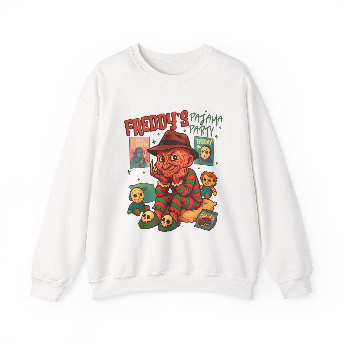 Freddy's Pajama Party Crewneck Sweatshirt | Halloween Sweater, Retro Horror Gift, Cozy Apparel, Unisex Design, Movie Memorabilia