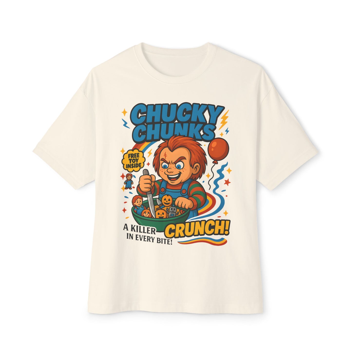 Retro Horror Chucky Chunks Tee | Fun Unisex Oversized Boxy Shirt | Perfect for Halloween, Movie Nights, Casual Wear, Gift Ideas, Graphic Tee