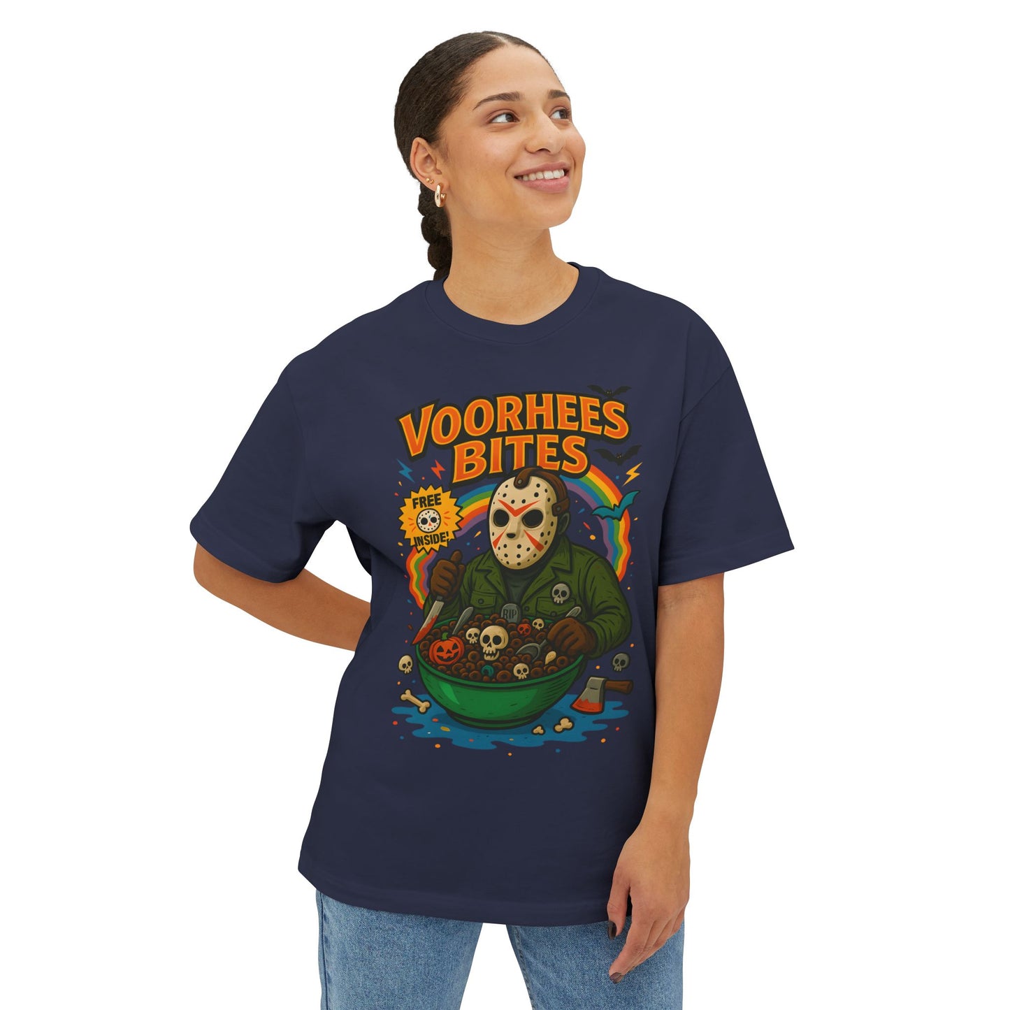 Retro Horror Graphic Tee - Voorhee's Bites | Unisex Oversized Tee, Horror Fashion, Movie Merchandise, Halloween Apparel, Casual Streetwear