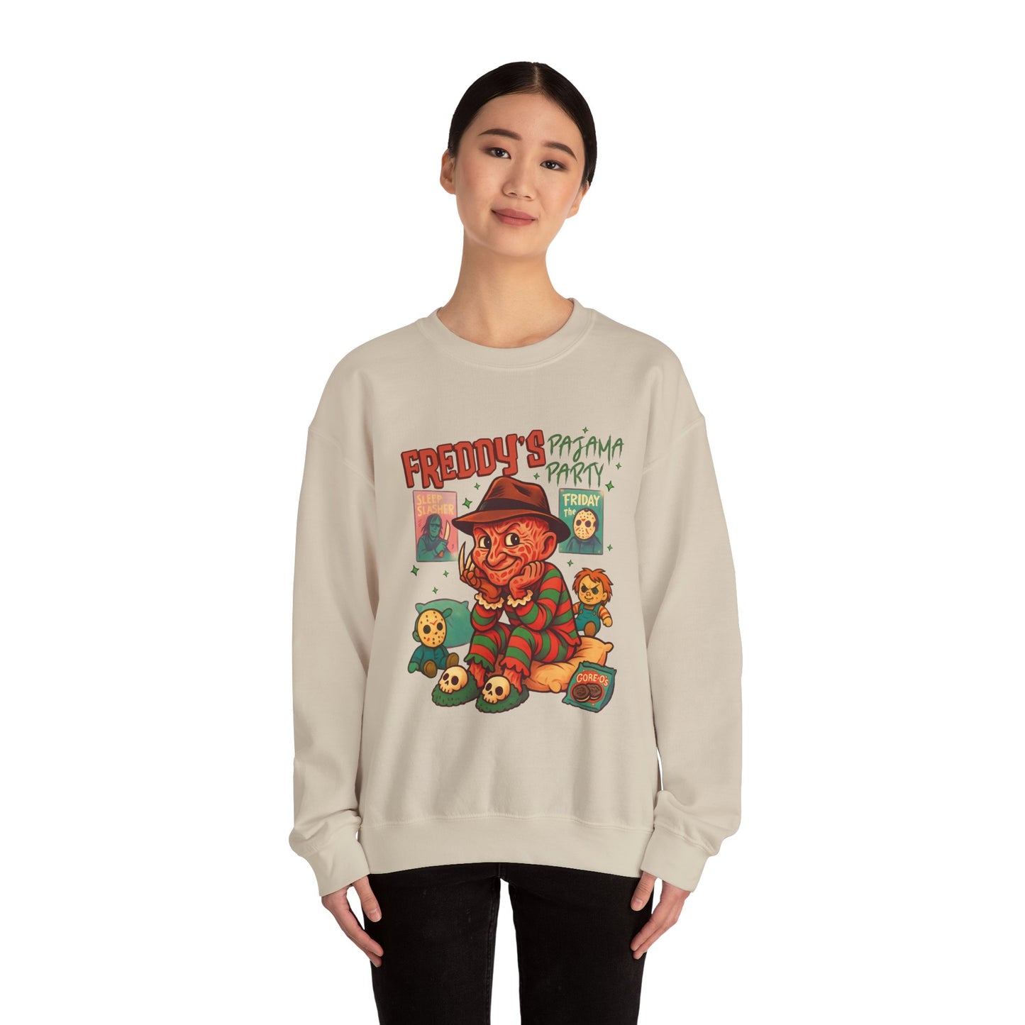 Freddy's Pajama Party Crewneck Sweatshirt | Halloween Sweater, Retro Horror Gift, Cozy Apparel, Unisex Design, Movie Memorabilia