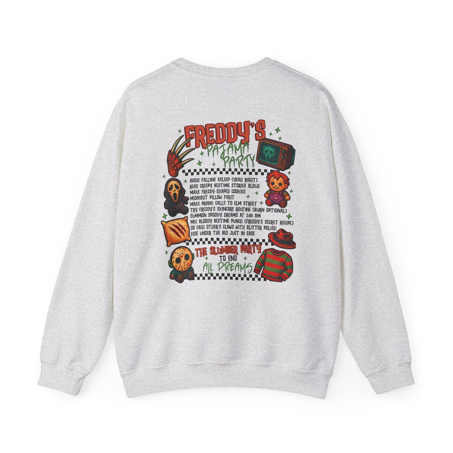 Freddy's Pajama Party Crewneck Sweatshirt | Halloween Sweater, Retro Horror Gift, Cozy Apparel, Unisex Design, Movie Memorabilia