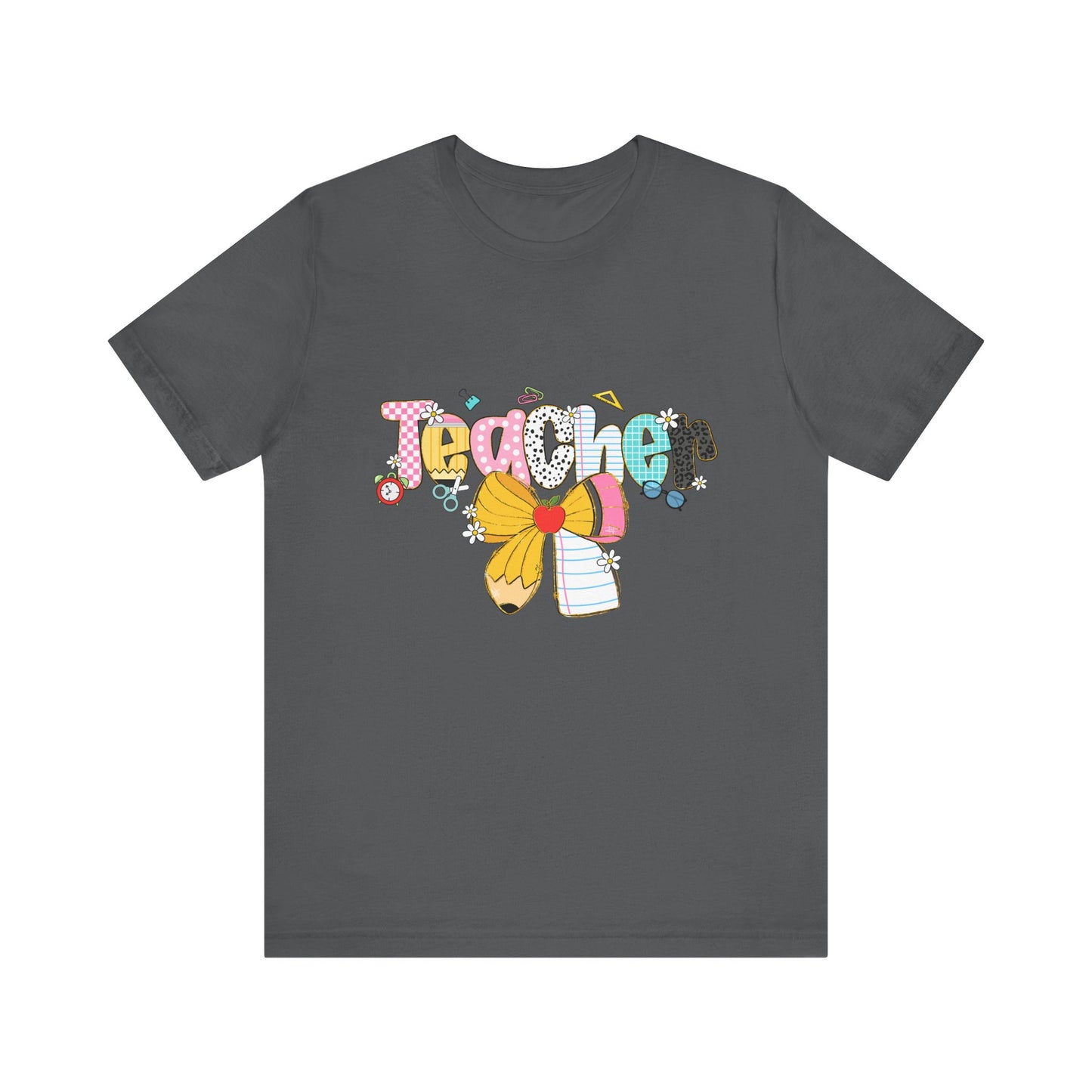 Teacher Bow Short Sleeve Tee, Gift for Educators, Cute Teacher Shirt, Classroom Outfit, Back to School Apparel, Birthday Gift
