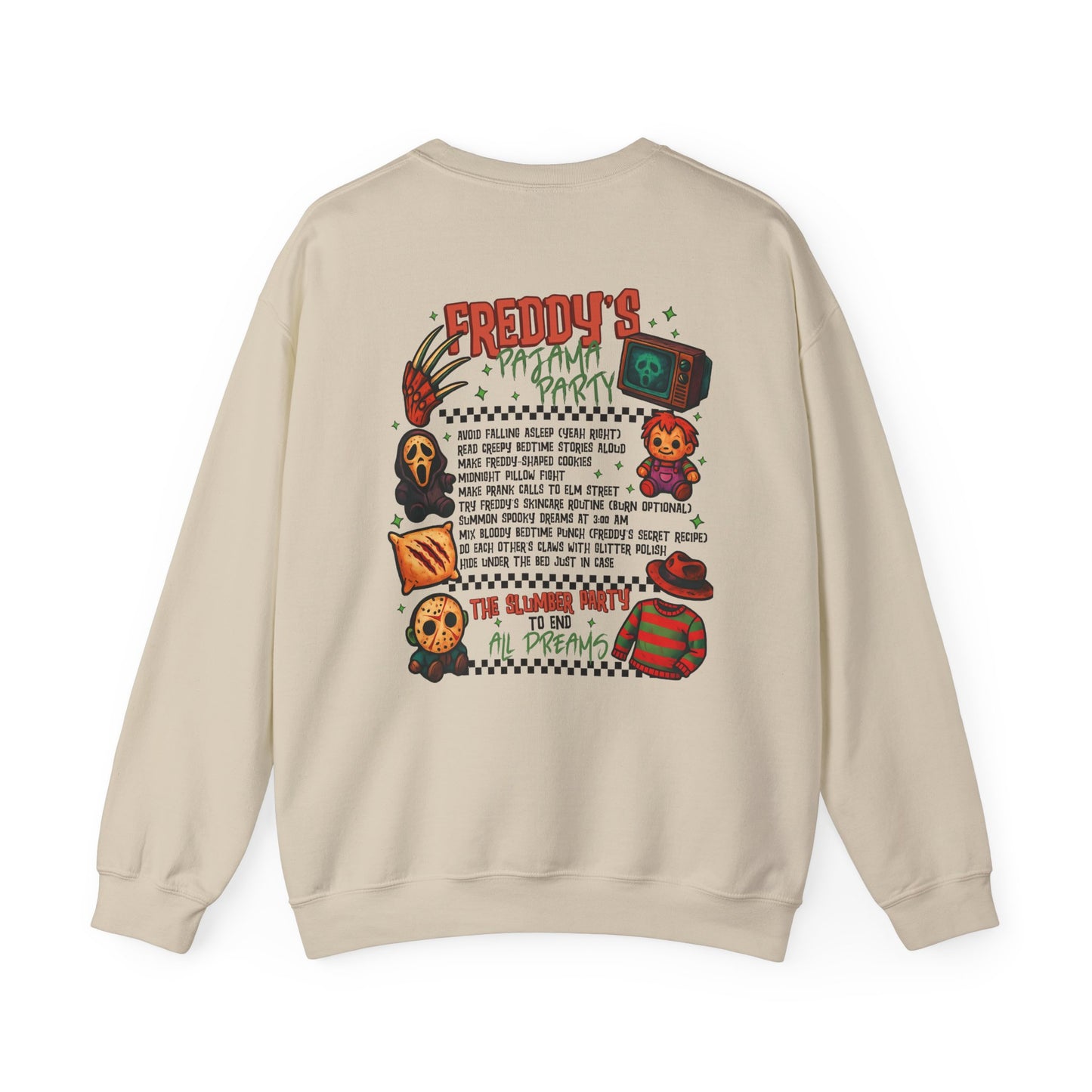 Freddy's Pajama Party Crewneck Sweatshirt | Halloween Sweater, Retro Horror Gift, Cozy Apparel, Unisex Design, Movie Memorabilia