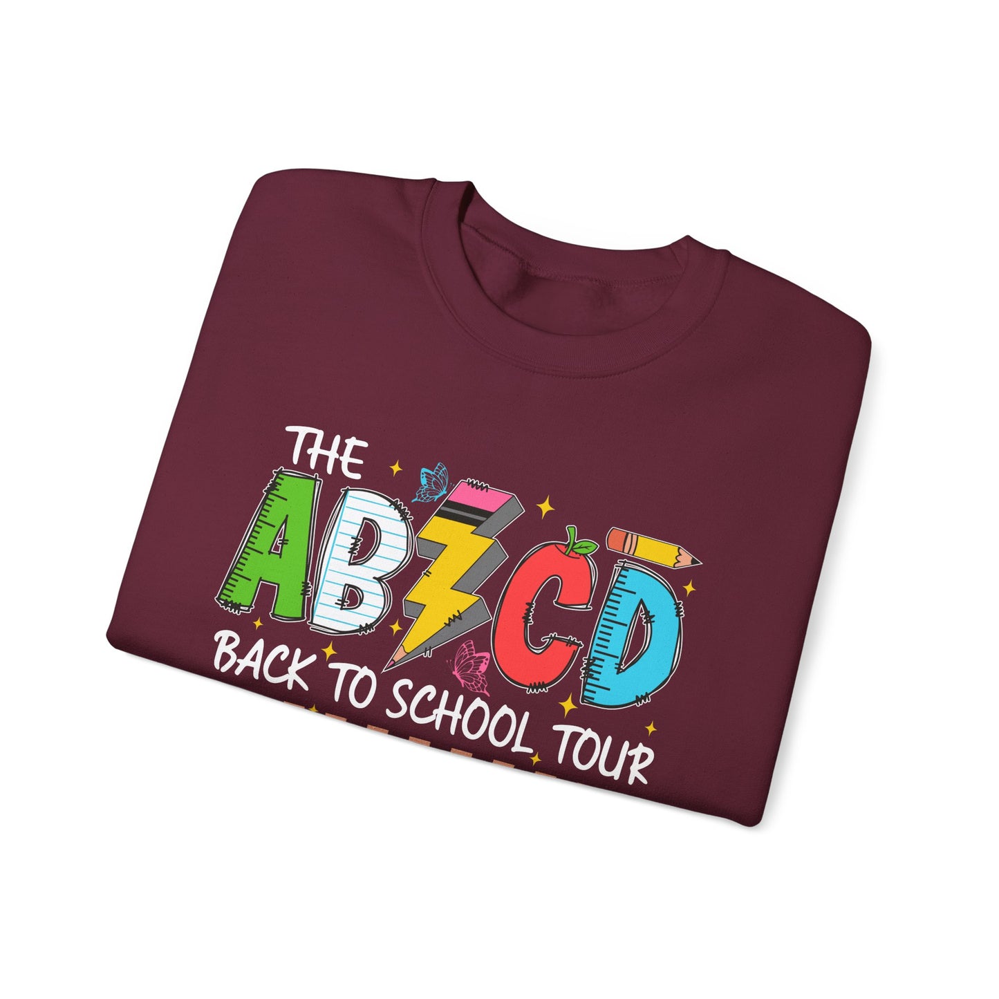 ABCD Back to School Tour Crewneck Sweatshirt, Unisex Sweatshirt, School Tour Apparel, Fun Gift for Students, Cozy Relaxing Wear