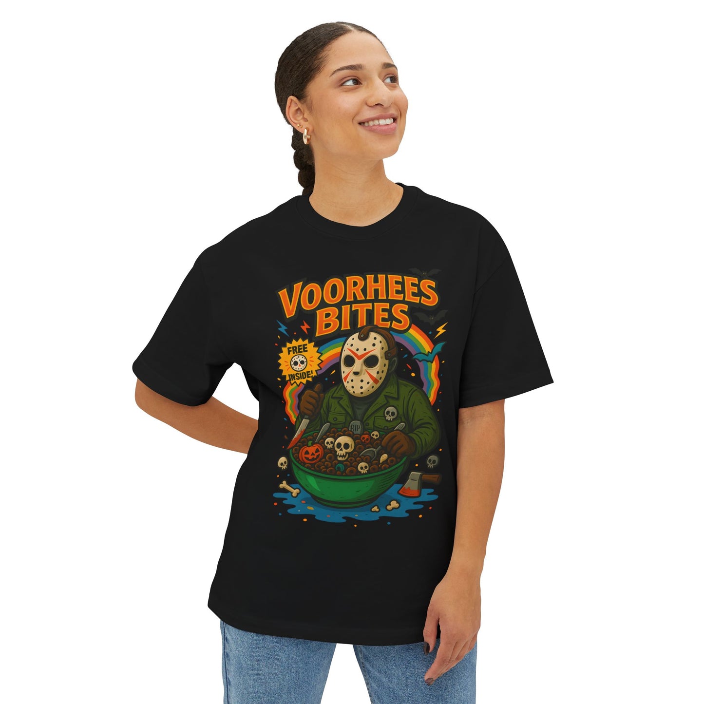 Retro Horror Graphic Tee - Voorhee's Bites | Unisex Oversized Tee, Horror Fashion, Movie Merchandise, Halloween Apparel, Casual Streetwear
