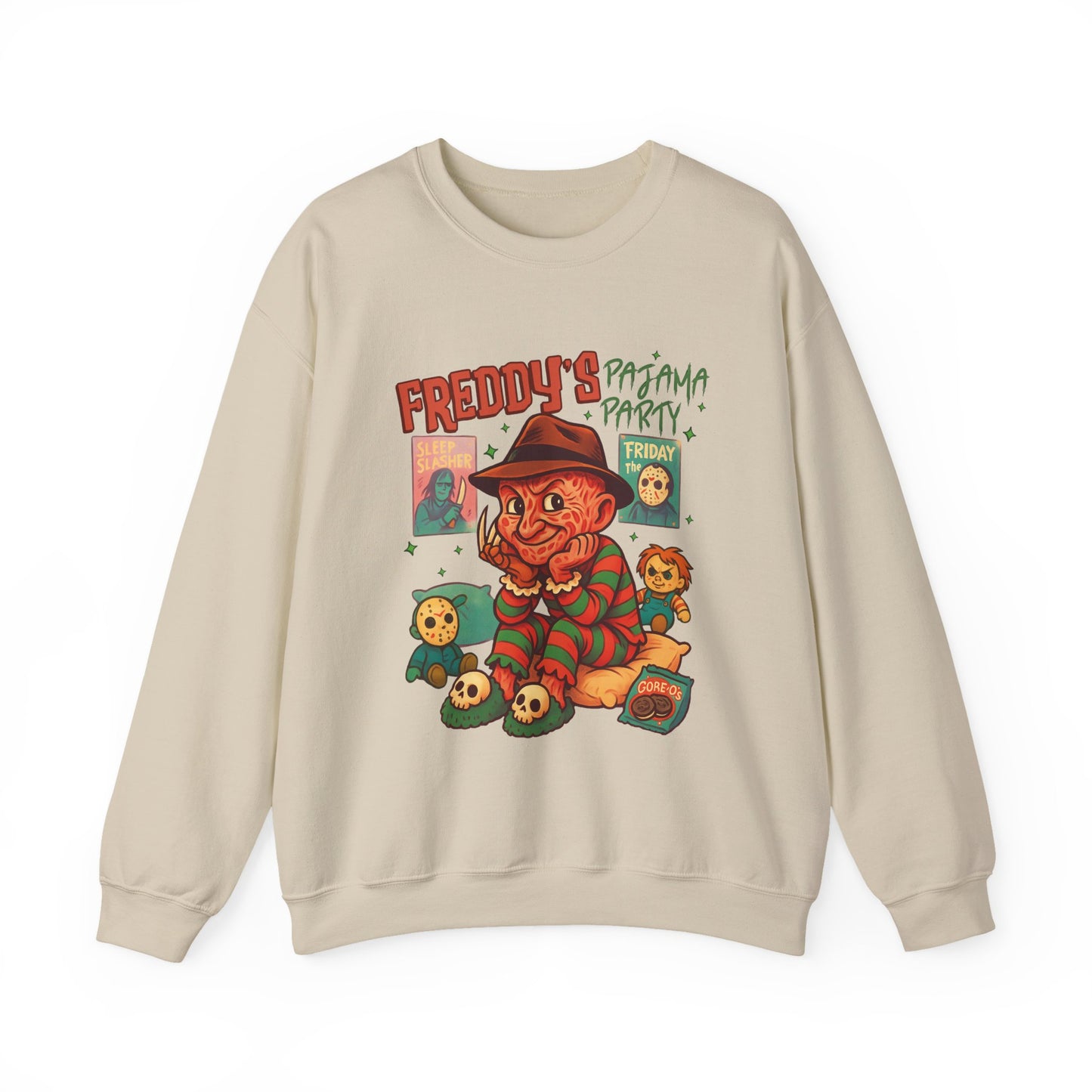 Freddy's Pajama Party Crewneck Sweatshirt | Halloween Sweater, Retro Horror Gift, Cozy Apparel, Unisex Design, Movie Memorabilia