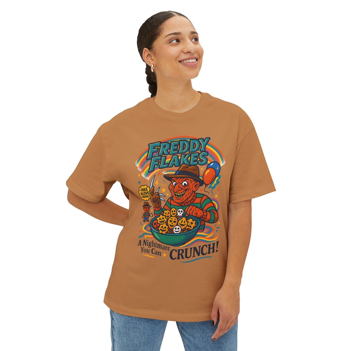 Freddy Flakes Unisex Oversized Tee - Fun Graphic Shirt, Horror Movie Merchandise, Halloween Apparel, Gift for Fans