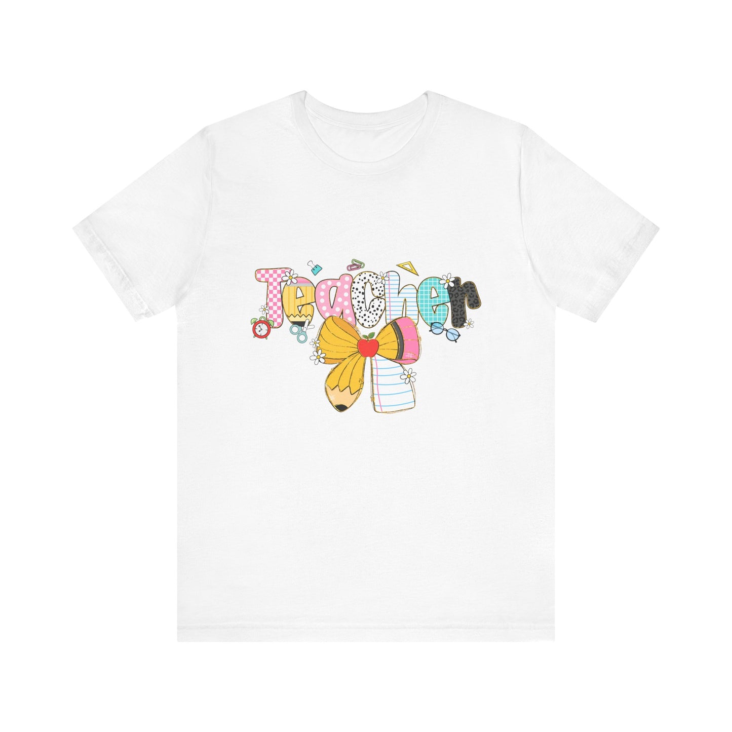 Teacher Bow Short Sleeve Tee, Gift for Educators, Cute Teacher Shirt, Classroom Outfit, Back to School Apparel, Birthday Gift