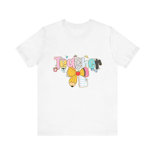 Teacher Bow Short Sleeve Tee, Gift for Educators, Cute Teacher Shirt, Classroom Outfit, Back to School Apparel, Birthday Gift