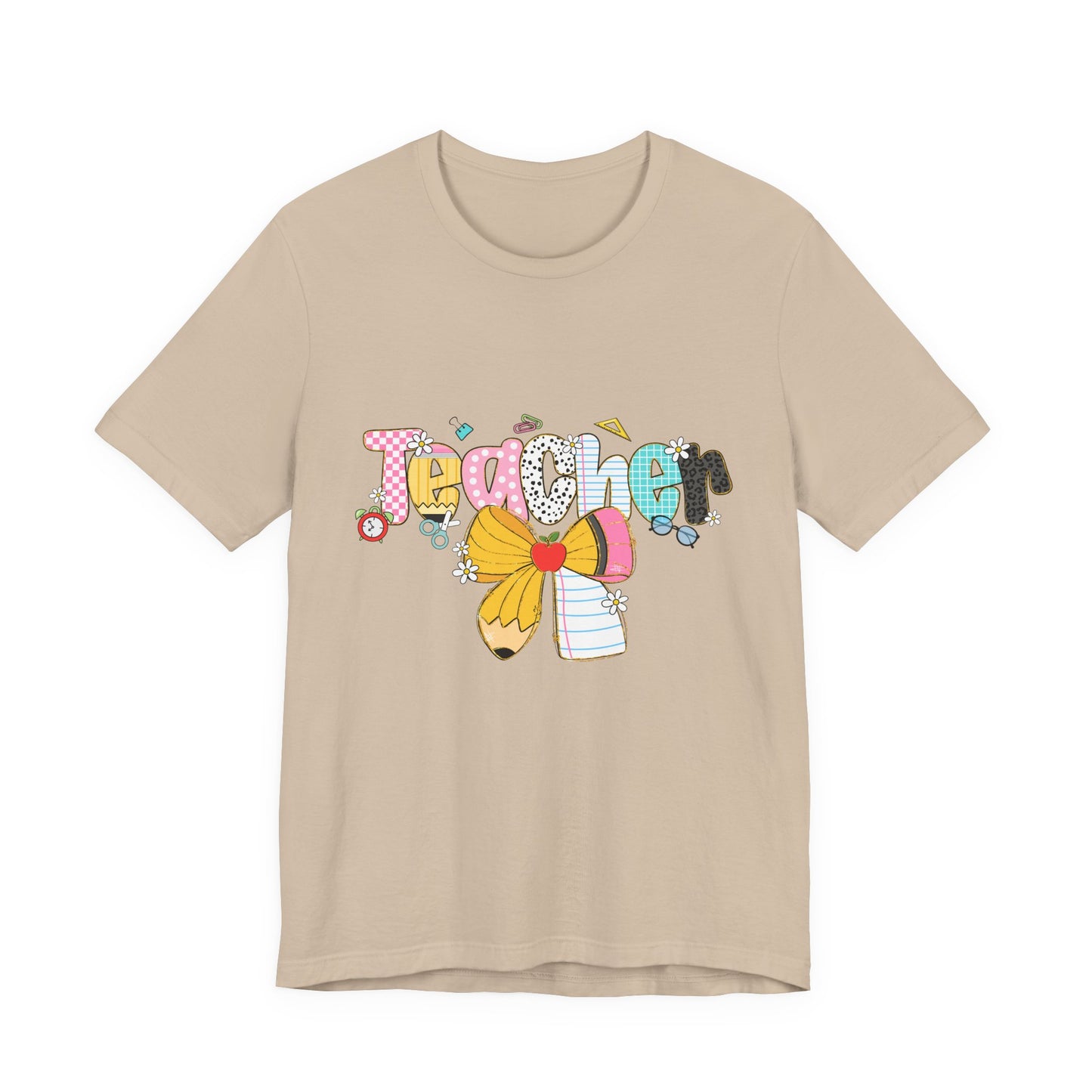 Teacher Bow Short Sleeve Tee, Gift for Educators, Cute Teacher Shirt, Classroom Outfit, Back to School Apparel, Birthday Gift
