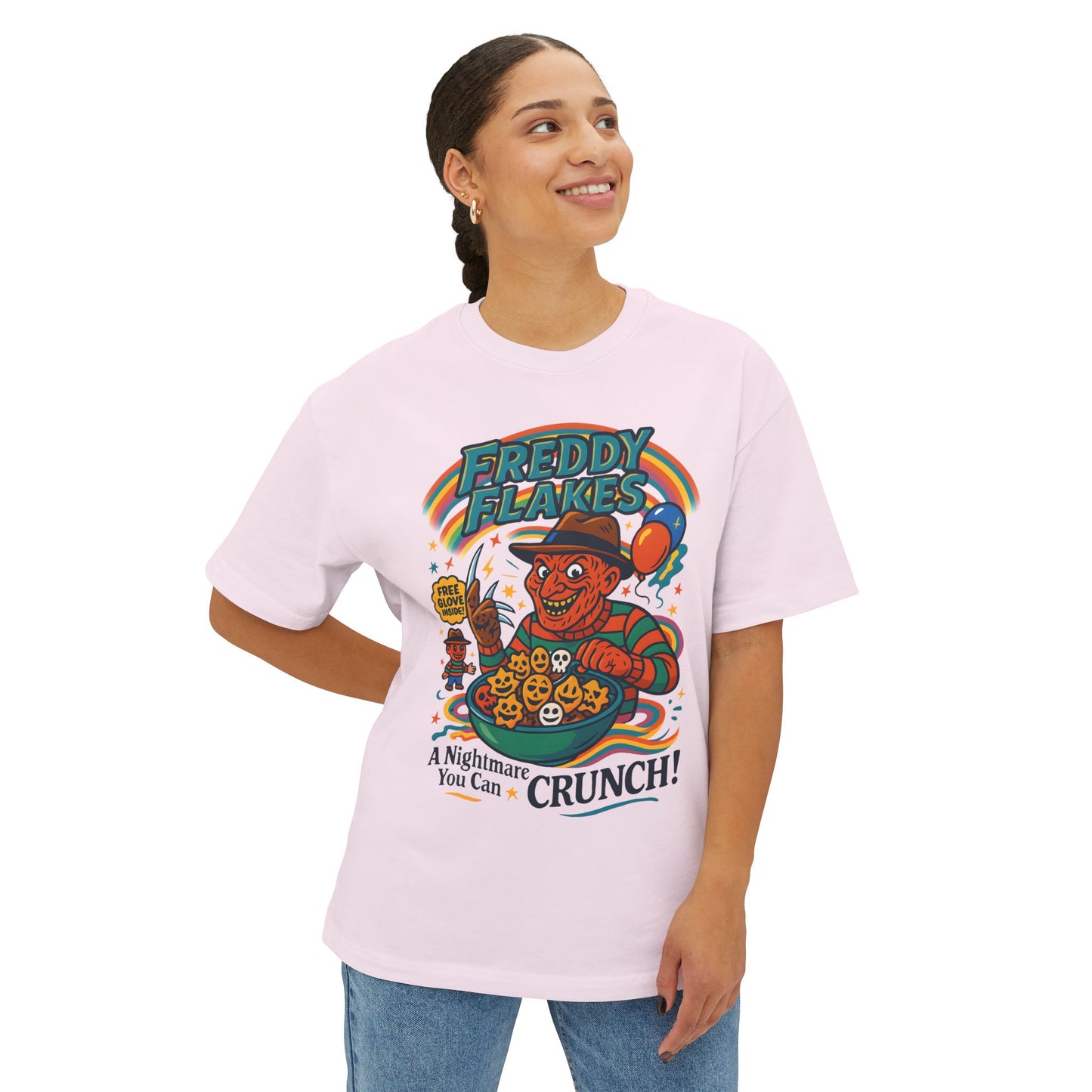 Freddy Flakes Unisex Oversized Tee - Fun Graphic Shirt, Horror Movie Merchandise, Halloween Apparel, Gift for Fans