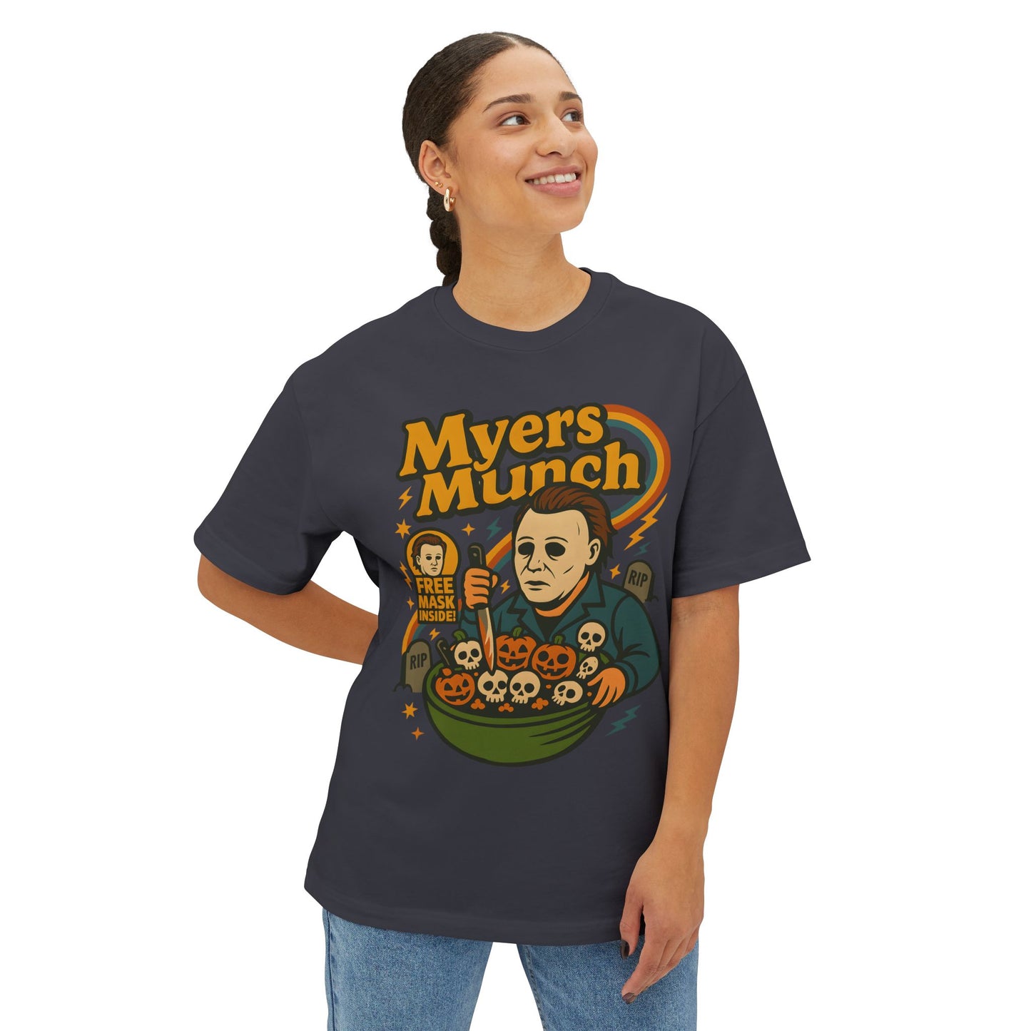 Halloween Graphic Tee, Myers Munch Shirt, Unisex Oversized Top, Spooky Apparel, Horror Movie Fan Gift