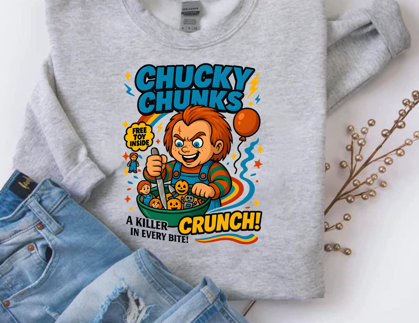 Chucky Chunks Sweatshirt: A Killer in Every Bite, Spooky Apparel, Unisex Crewneck, Halloween Sweatshirt, Horror Merchandise, [...]