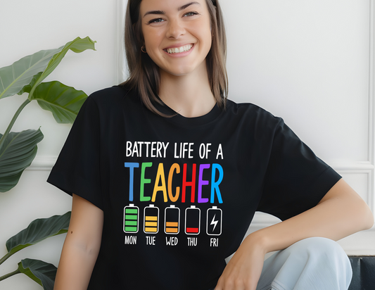 Colorful 'Battery Life of A Teacher' Unisex Tee - Perfect Gift for Educators, Teacher Appreciation Day, Back to School, Fun Classroom Style, Learning Enthusiast
