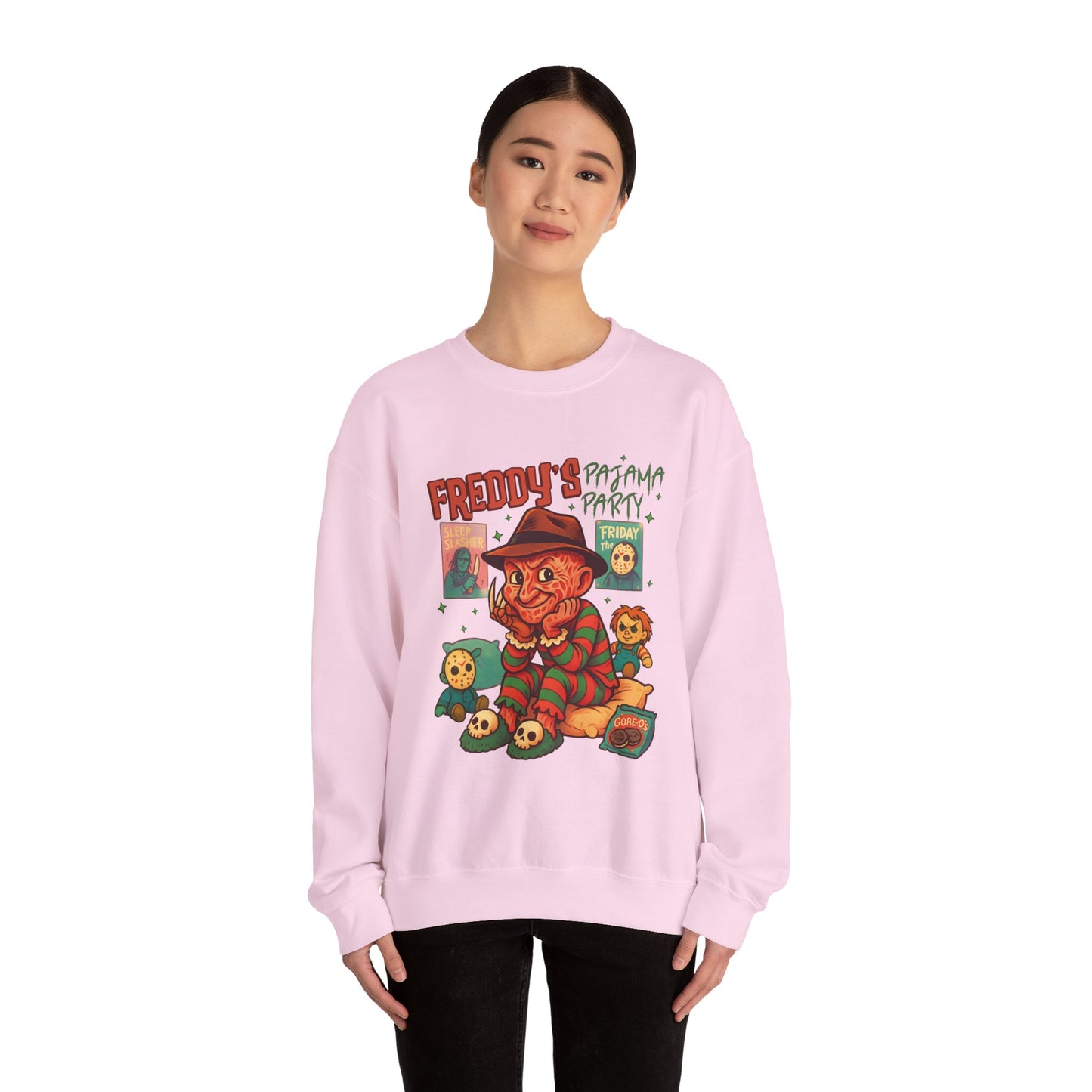 Freddy's Pajama Party Crewneck Sweatshirt | Halloween Sweater, Retro Horror Gift, Cozy Apparel, Unisex Design, Movie Memorabilia