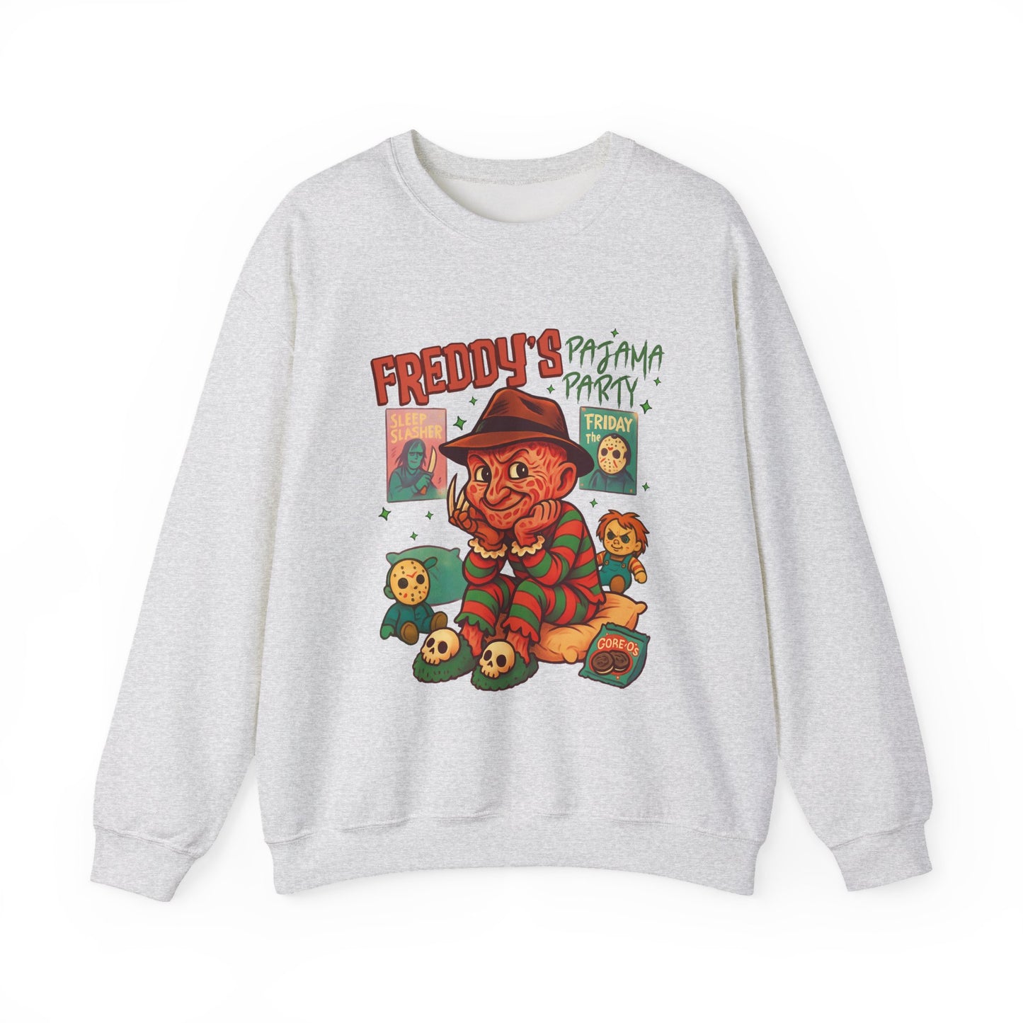 Freddy's Pajama Party Crewneck Sweatshirt | Halloween Sweater, Retro Horror Gift, Cozy Apparel, Unisex Design, Movie Memorabilia