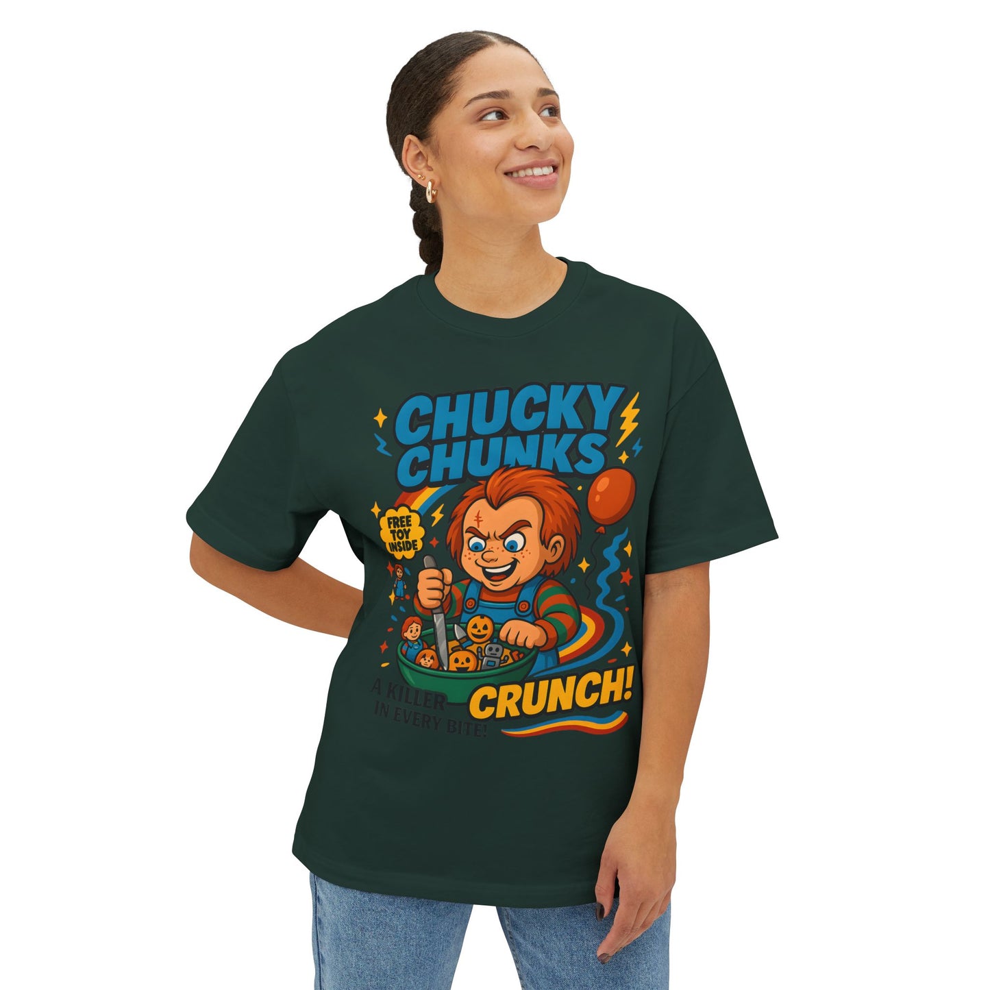 Retro Horror Chucky Chunks Tee | Fun Unisex Oversized Boxy Shirt | Perfect for Halloween, Movie Nights, Casual Wear, Gift Ideas, Graphic Tee