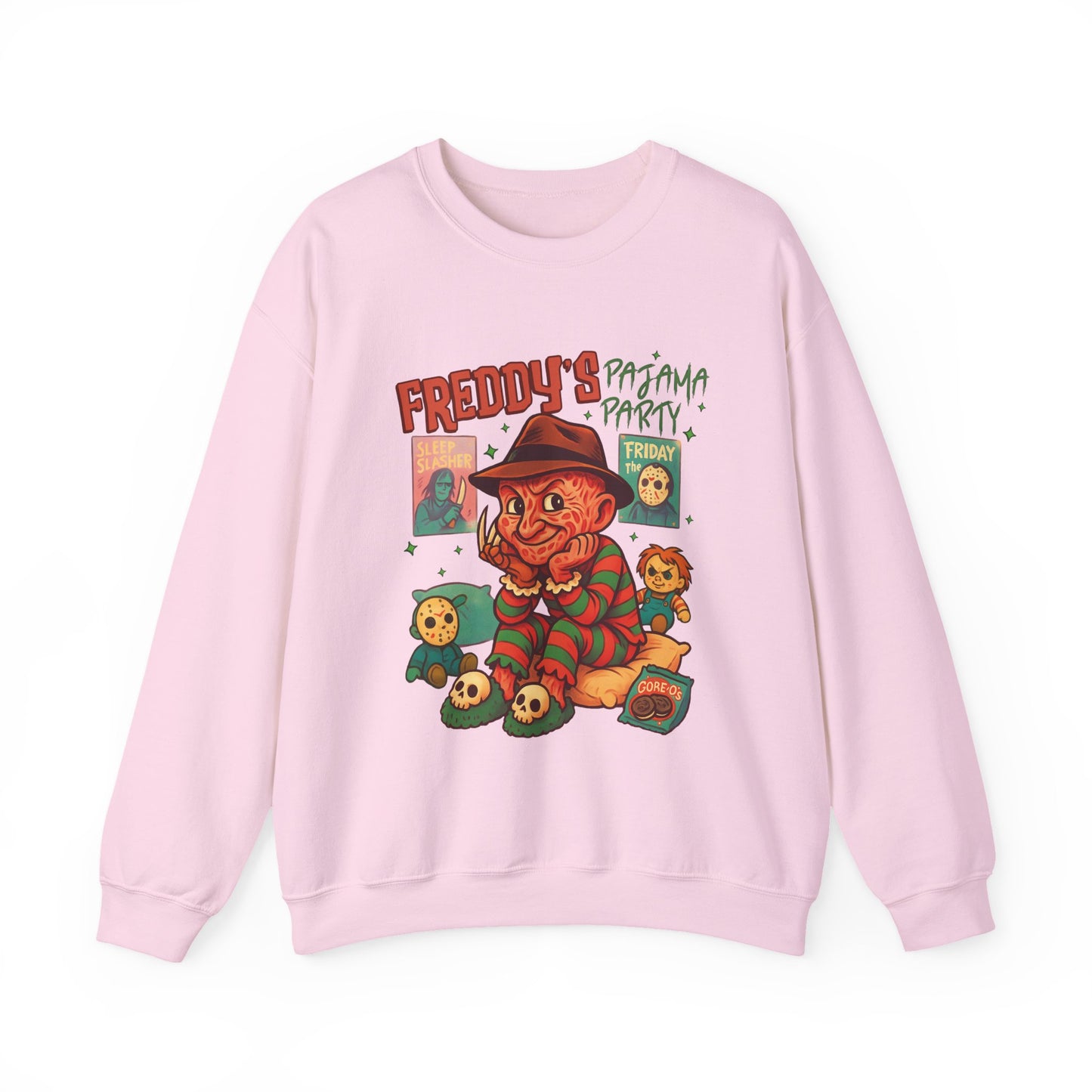 Freddy's Pajama Party Crewneck Sweatshirt | Halloween Sweater, Retro Horror Gift, Cozy Apparel, Unisex Design, Movie Memorabilia