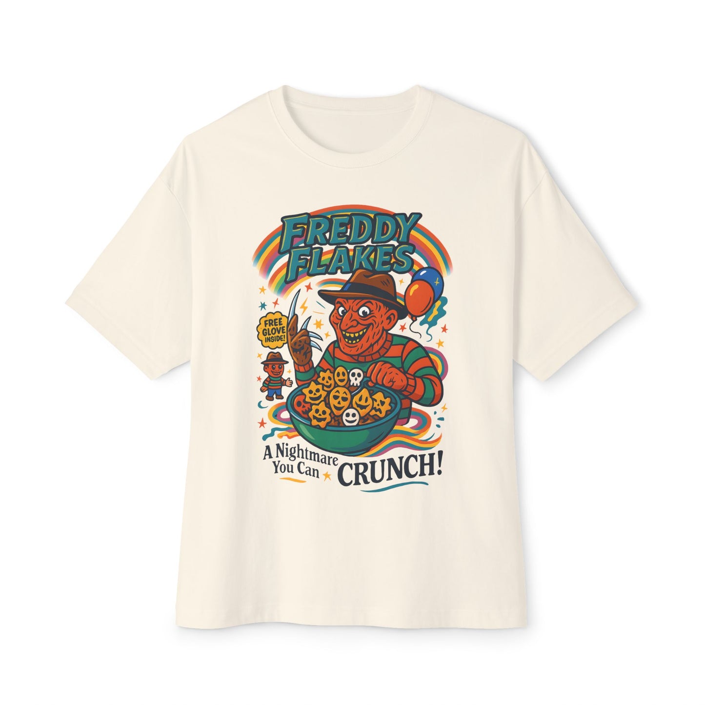Freddy Flakes Unisex Oversized Tee - Fun Graphic Shirt, Horror Movie Merchandise, Halloween Apparel, Gift for Fans