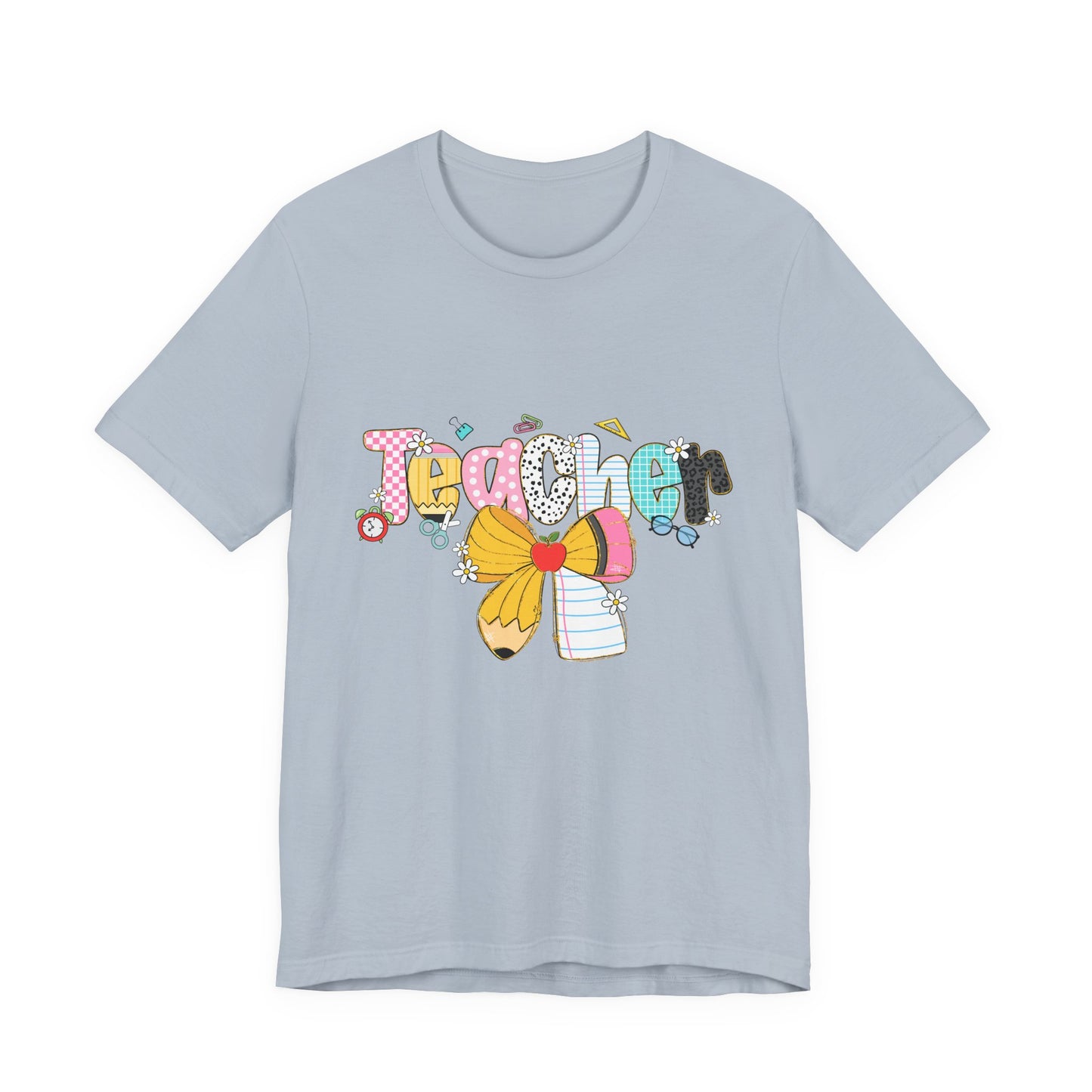 Teacher Bow Short Sleeve Tee, Gift for Educators, Cute Teacher Shirt, Classroom Outfit, Back to School Apparel, Birthday Gift
