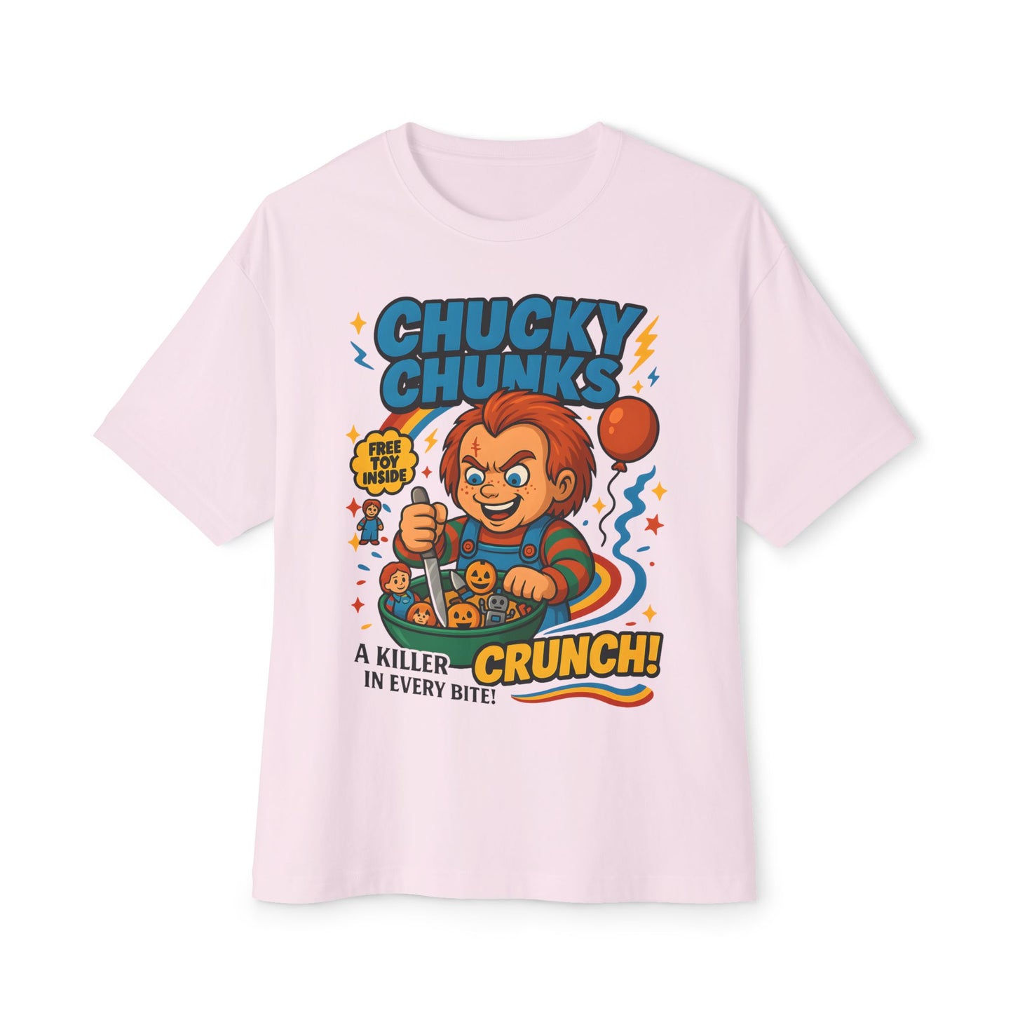 Retro Horror Chucky Chunks Tee | Fun Unisex Oversized Boxy Shirt | Perfect for Halloween, Movie Nights, Casual Wear, Gift Ideas, Graphic Tee