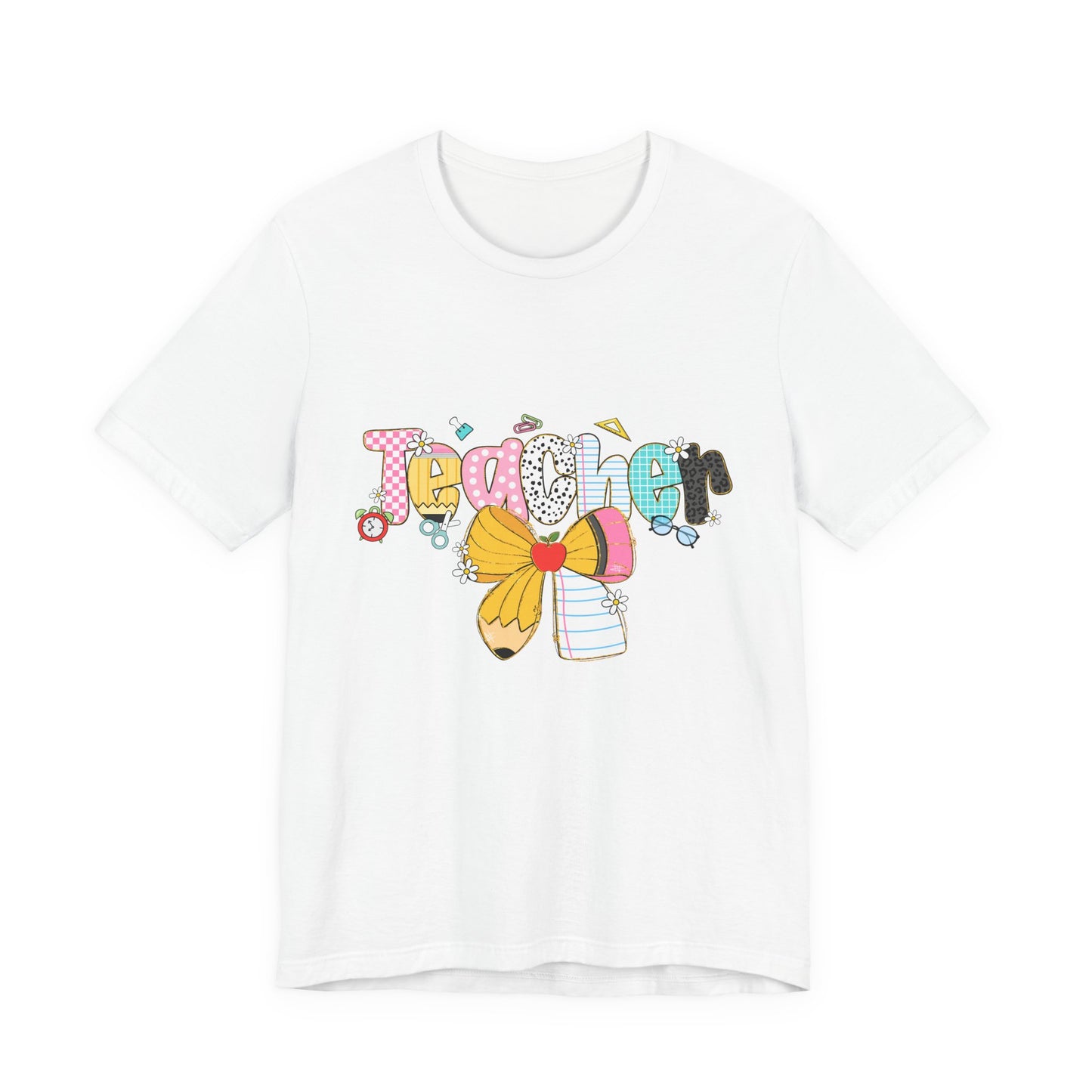 Teacher Bow Short Sleeve Tee, Gift for Educators, Cute Teacher Shirt, Classroom Outfit, Back to School Apparel, Birthday Gift