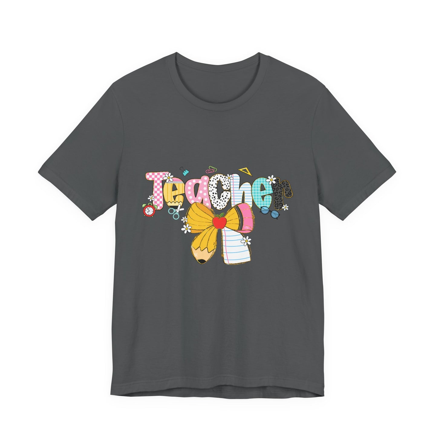 Teacher Bow Short Sleeve Tee, Gift for Educators, Cute Teacher Shirt, Classroom Outfit, Back to School Apparel, Birthday Gift
