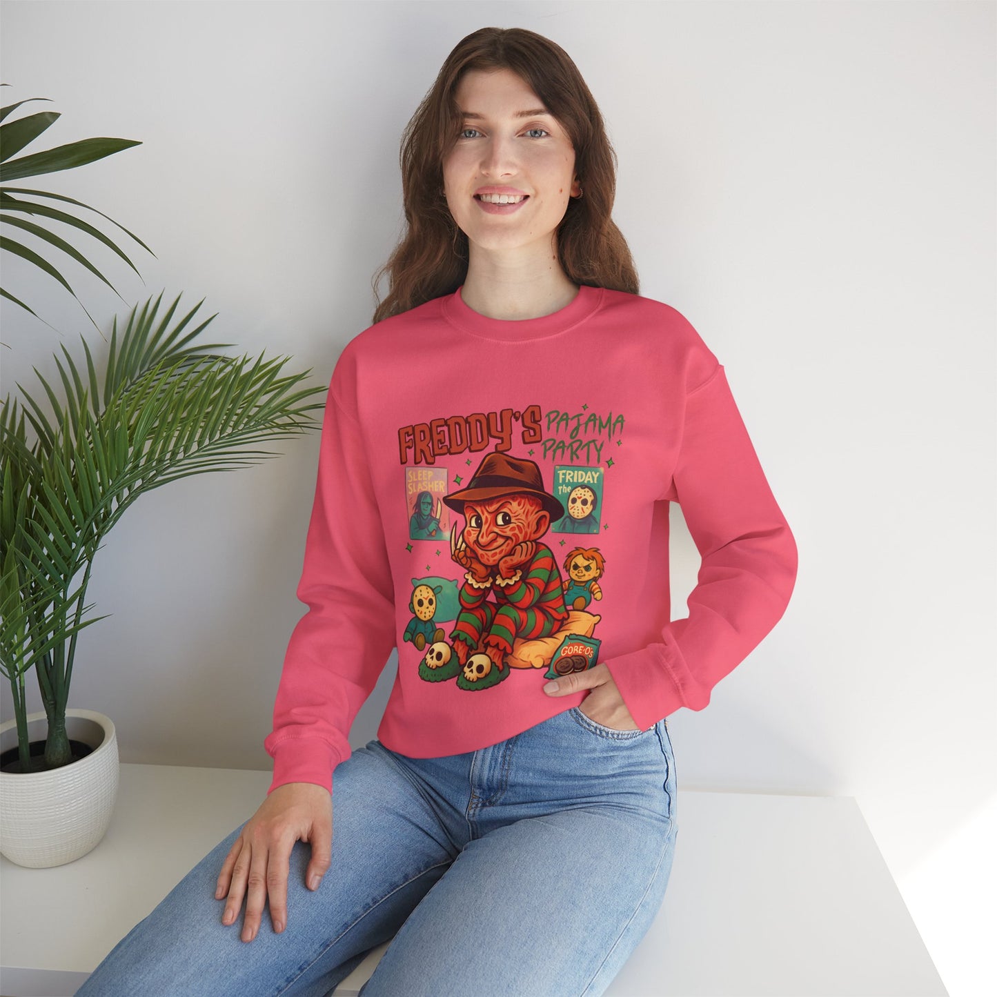 Freddy's Pajama Party Crewneck Sweatshirt | Halloween Sweater, Retro Horror Gift, Cozy Apparel, Unisex Design, Movie Memorabilia