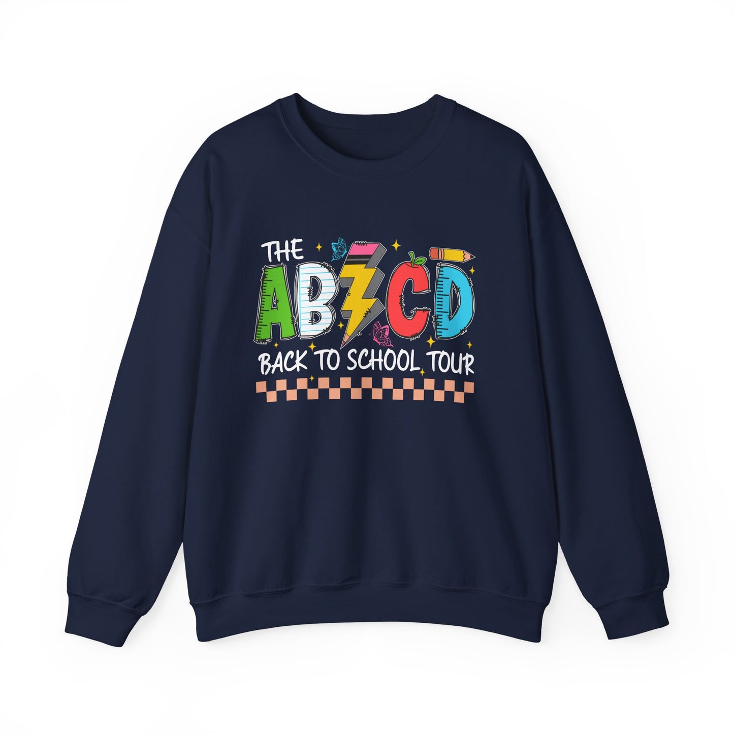 ABCD Back to School Tour Crewneck Sweatshirt, Unisex Sweatshirt, School Tour Apparel, Fun Gift for Students, Cozy Relaxing Wear