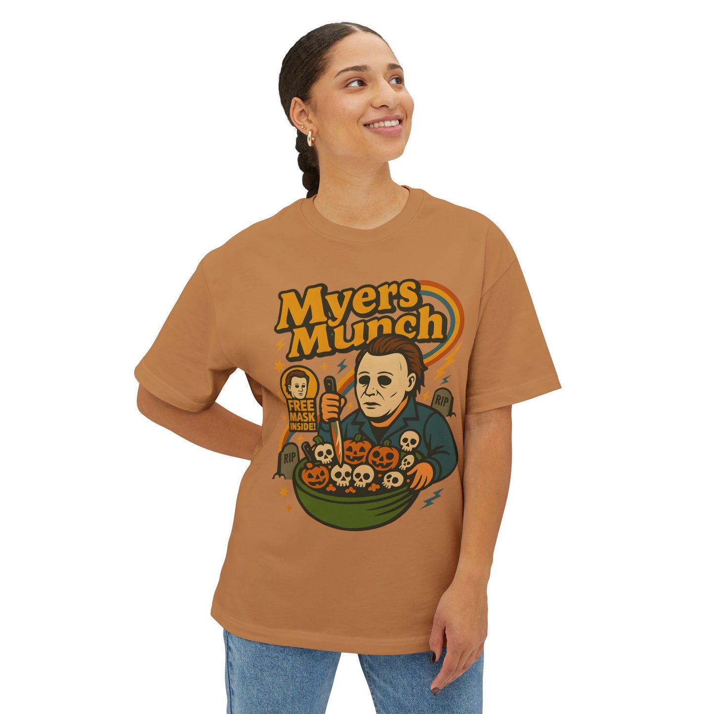 Halloween Graphic Tee, Myers Munch Shirt, Unisex Oversized Top, Spooky Apparel, Horror Movie Fan Gift