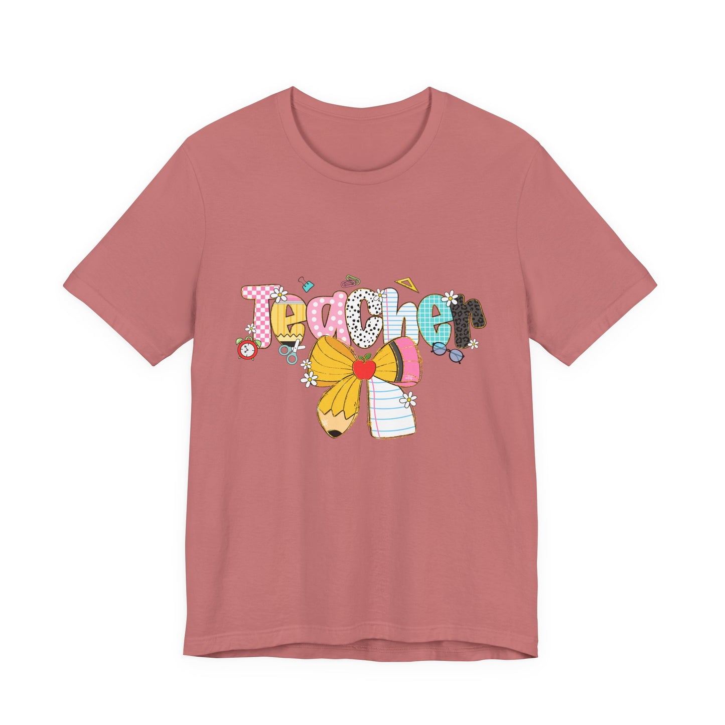 Teacher Bow Short Sleeve Tee, Gift for Educators, Cute Teacher Shirt, Classroom Outfit, Back to School Apparel, Birthday Gift