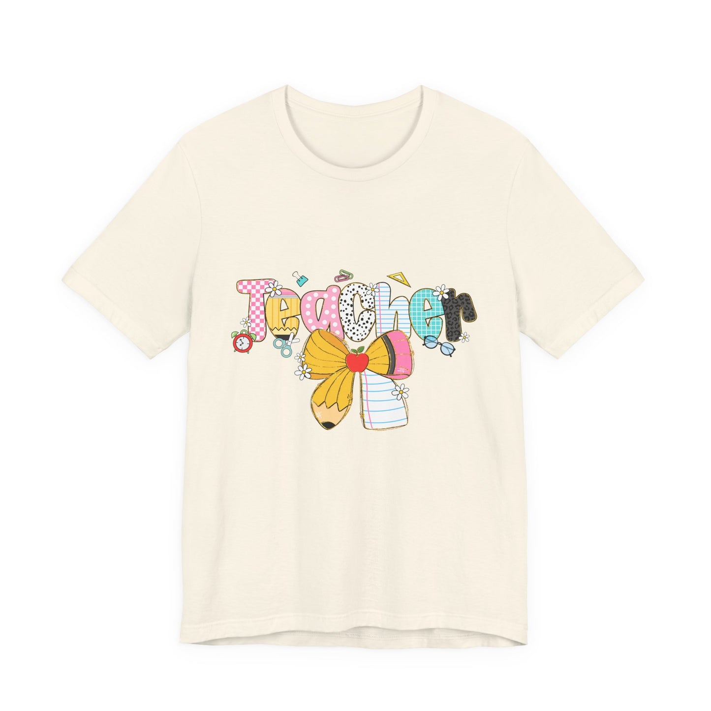 Teacher Bow Short Sleeve Tee, Gift for Educators, Cute Teacher Shirt, Classroom Outfit, Back to School Apparel, Birthday Gift