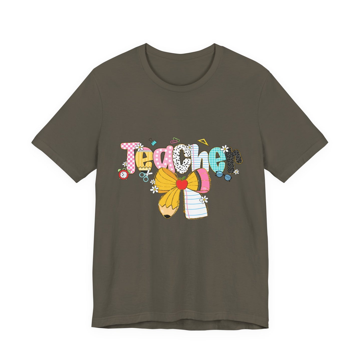 Teacher Bow Short Sleeve Tee, Gift for Educators, Cute Teacher Shirt, Classroom Outfit, Back to School Apparel, Birthday Gift