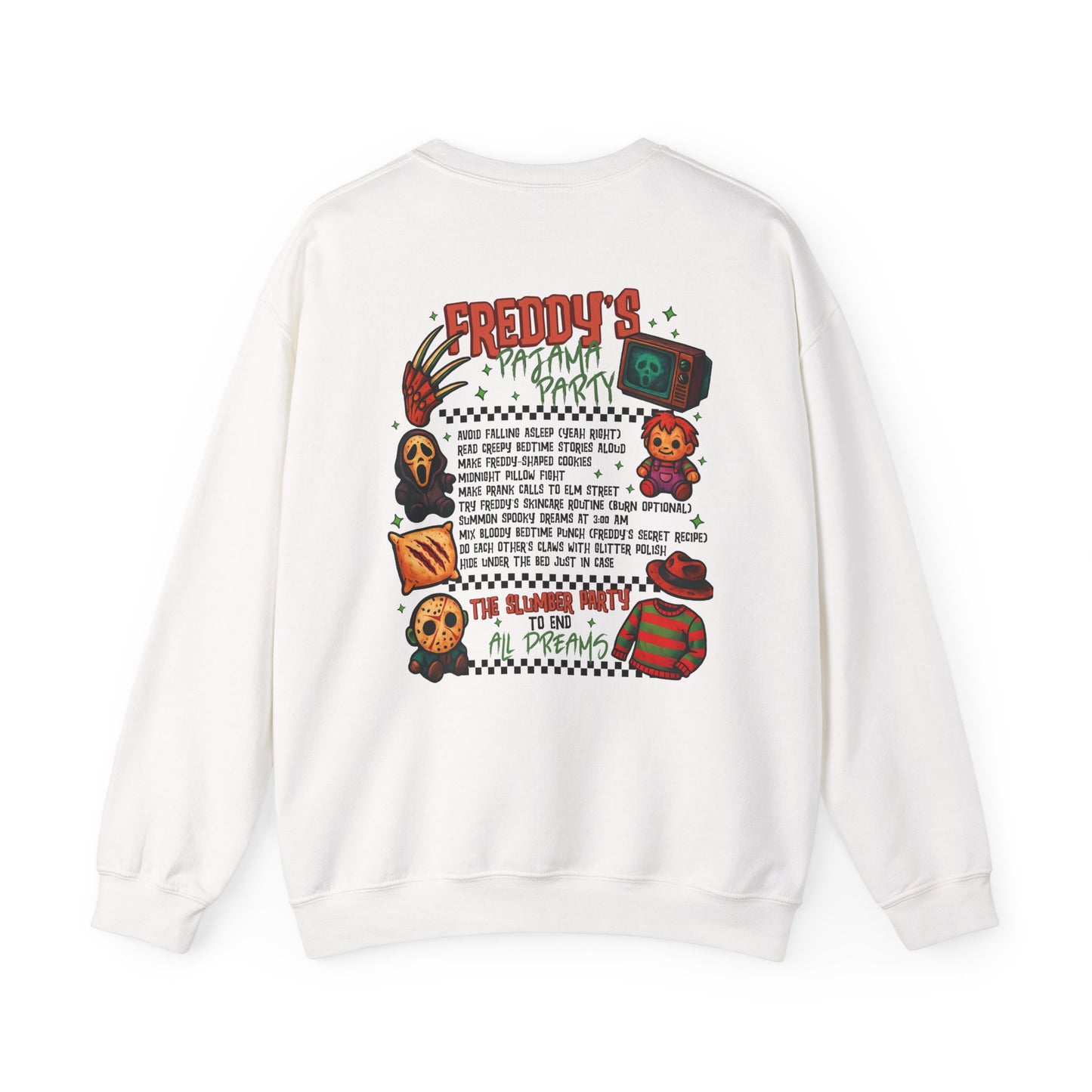 Freddy's Pajama Party Crewneck Sweatshirt | Halloween Sweater, Retro Horror Gift, Cozy Apparel, Unisex Design, Movie Memorabilia