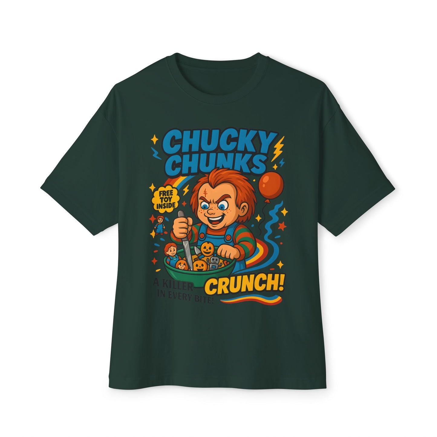 Retro Horror Chucky Chunks Tee | Fun Unisex Oversized Boxy Shirt | Perfect for Halloween, Movie Nights, Casual Wear, Gift Ideas, Graphic Tee