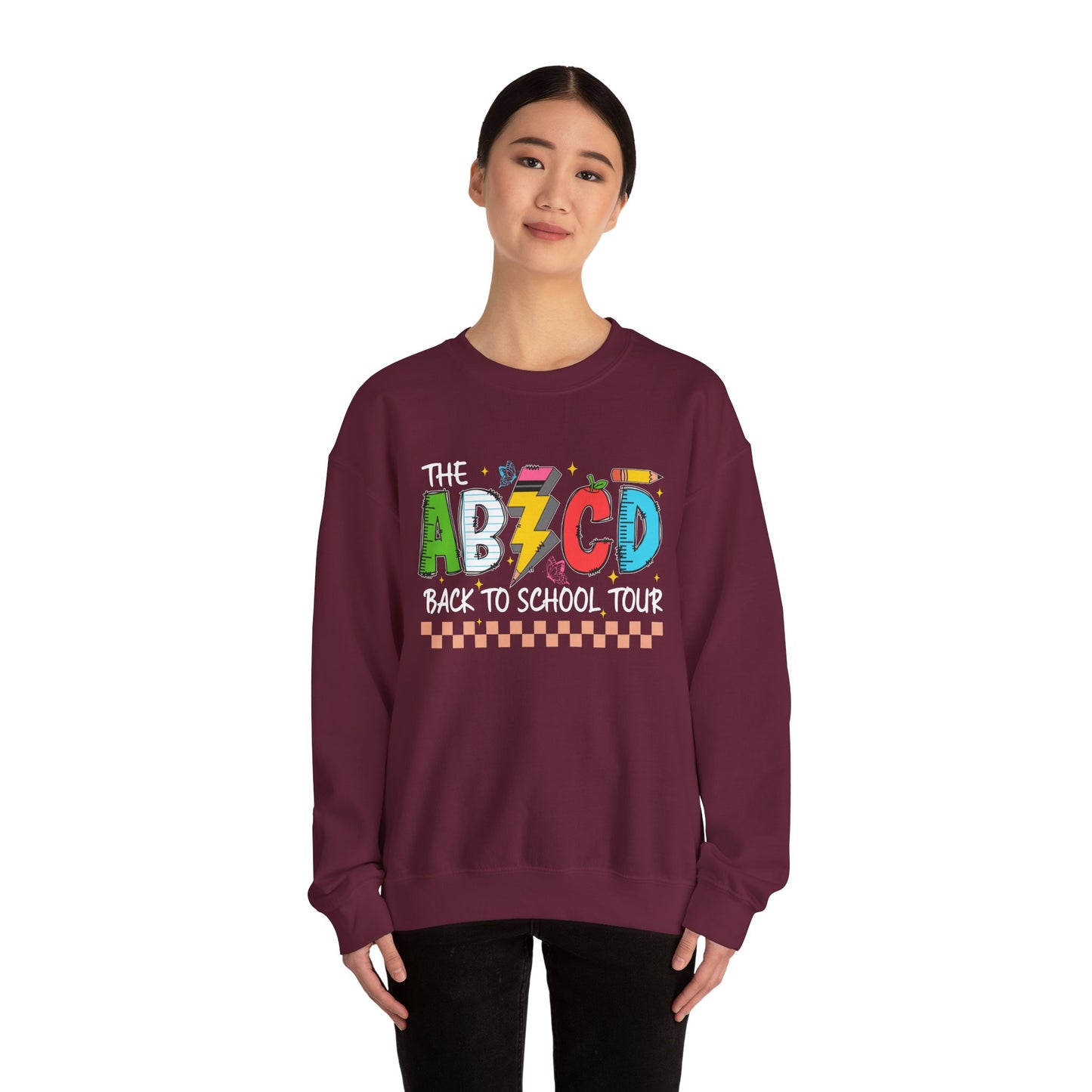 ABCD Back to School Tour Crewneck Sweatshirt, Unisex Sweatshirt, School Tour Apparel, Fun Gift for Students, Cozy Relaxing Wear